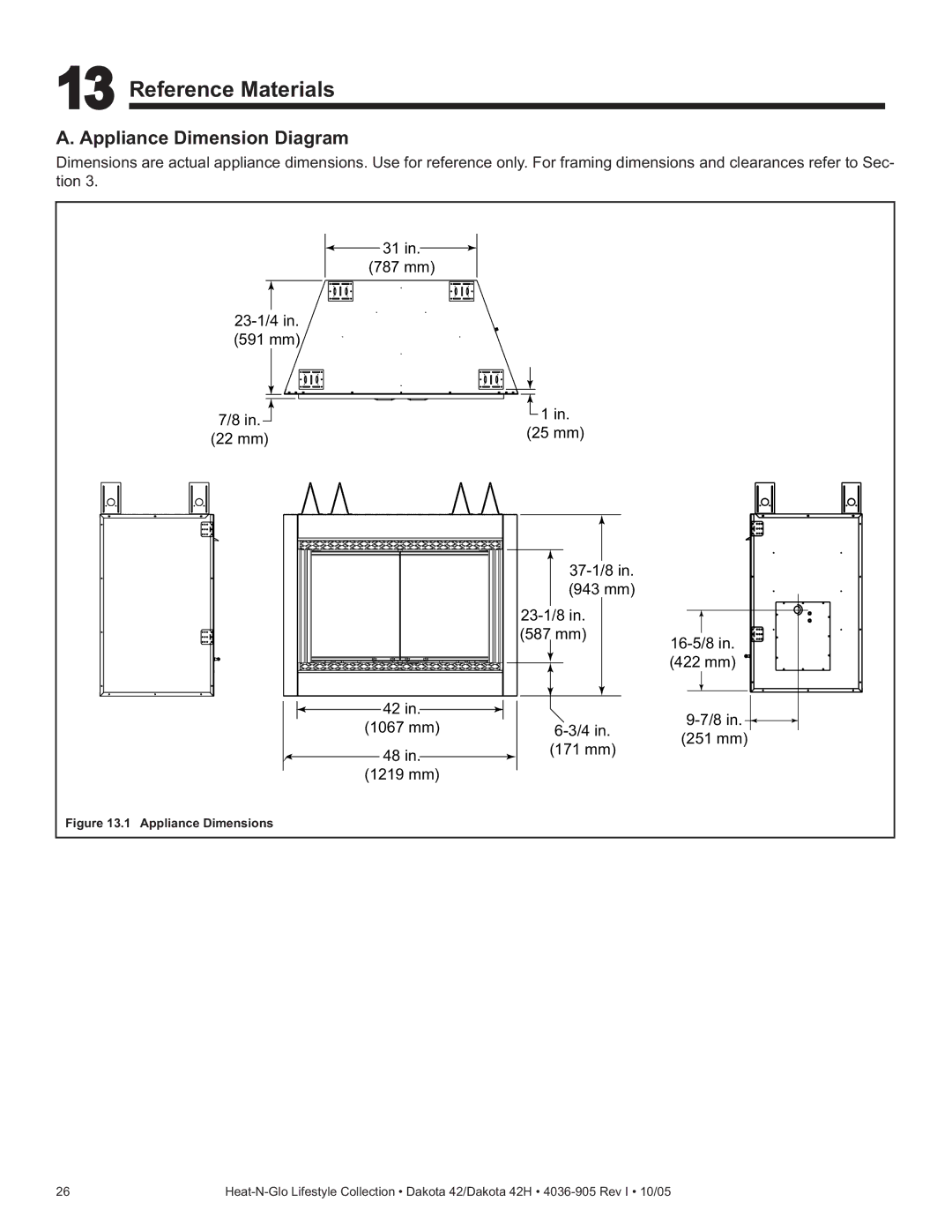 Heat & Glo LifeStyle DAKOTA 42H owner manual Reference Materials, Appliance Dimension Diagram 