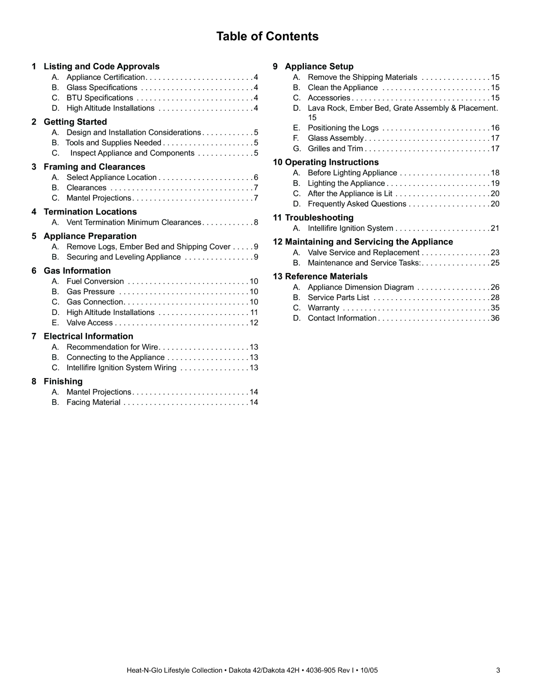 Heat & Glo LifeStyle DAKOTA 42H owner manual Table of Contents 