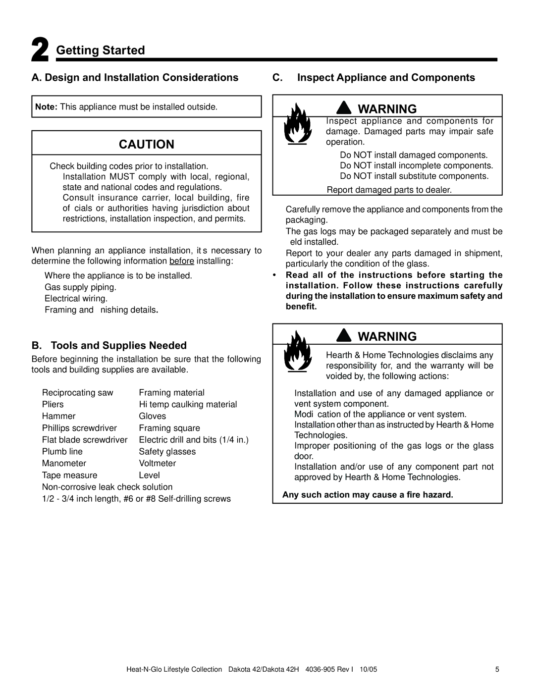 Heat & Glo LifeStyle DAKOTA 42H Getting Started, Design and Installation Considerations, Inspect Appliance and Components 
