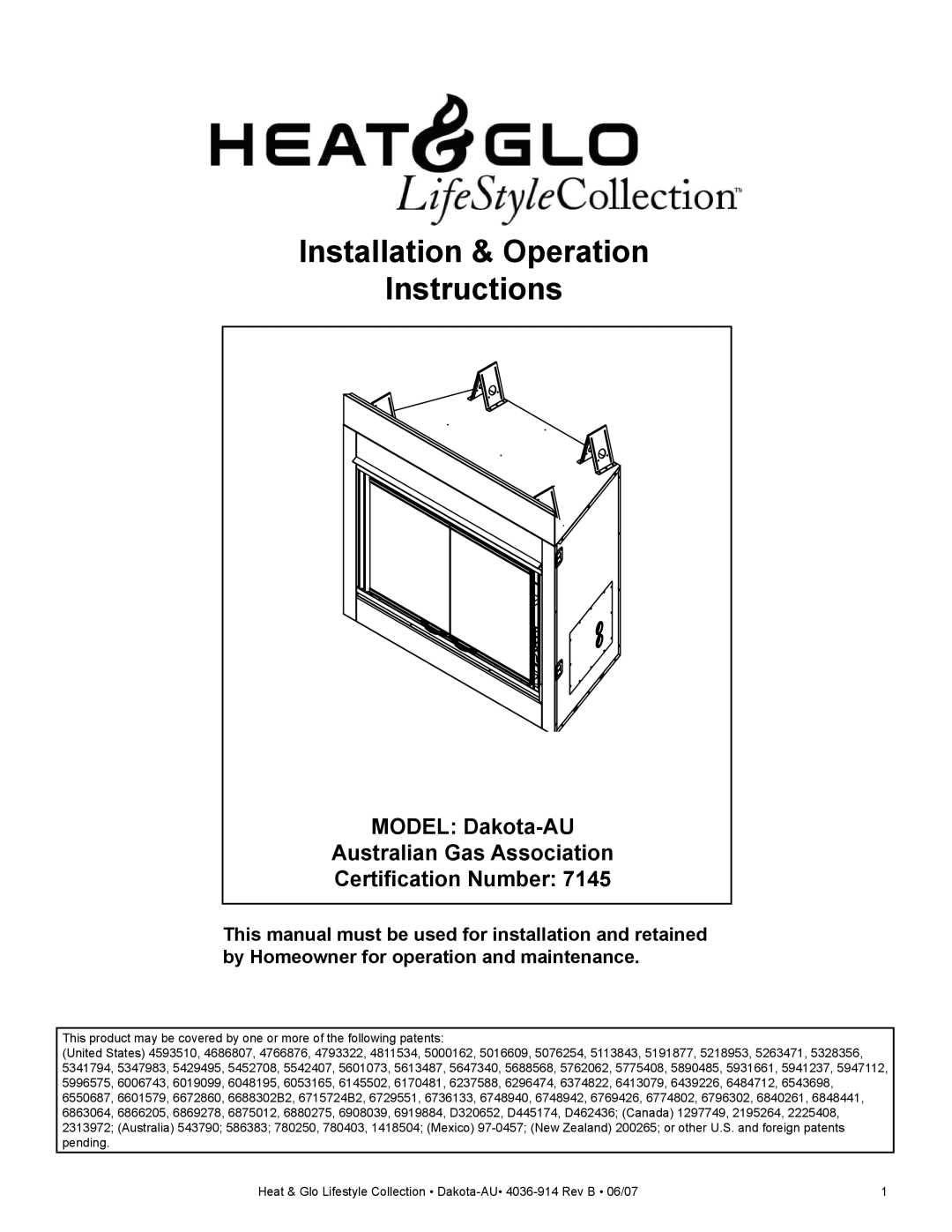 Heat & Glo LifeStyle DAKOTA-AU manual Installation & Operation Instructions 