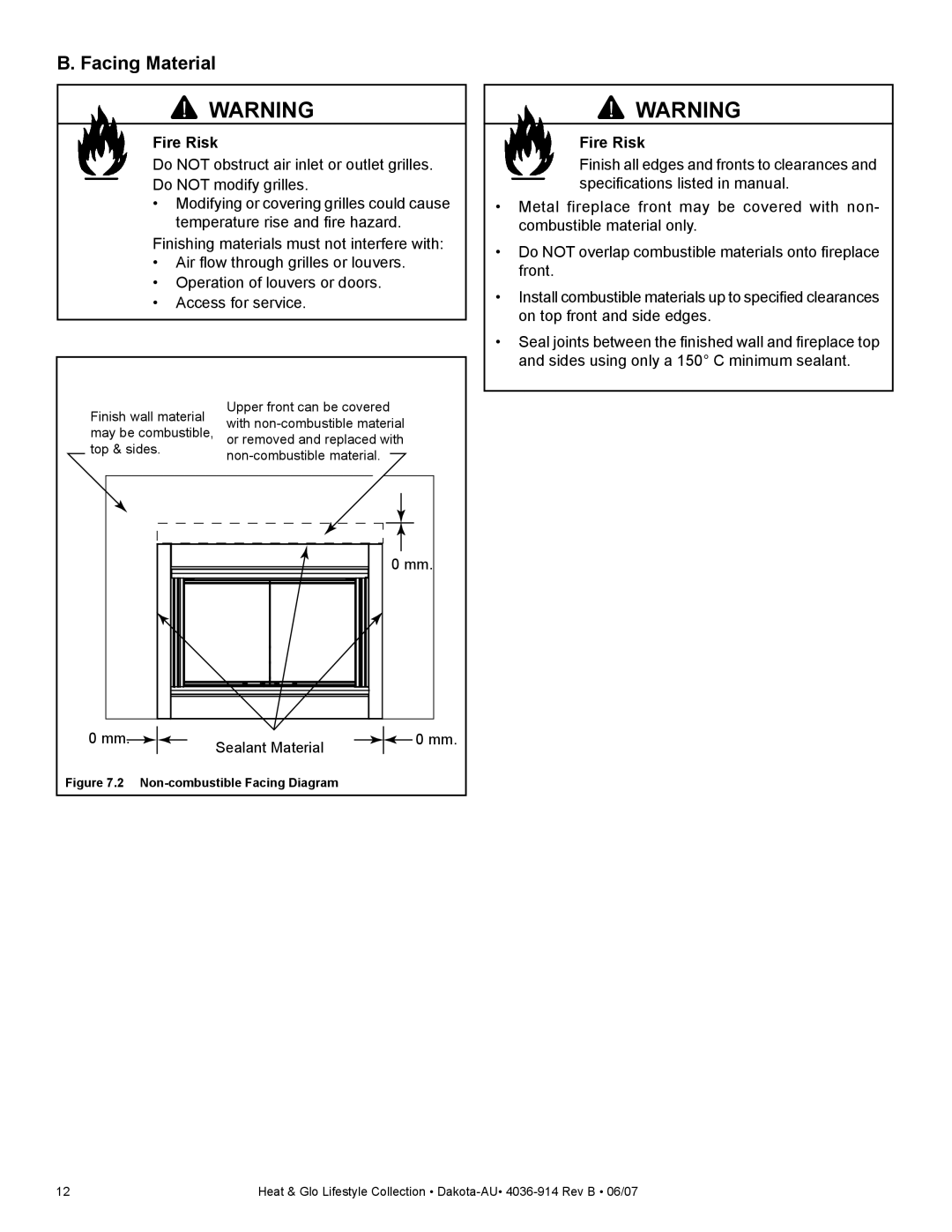 Heat & Glo LifeStyle DAKOTA-AU manual Facing Material, Non-combustible Facing Diagram 