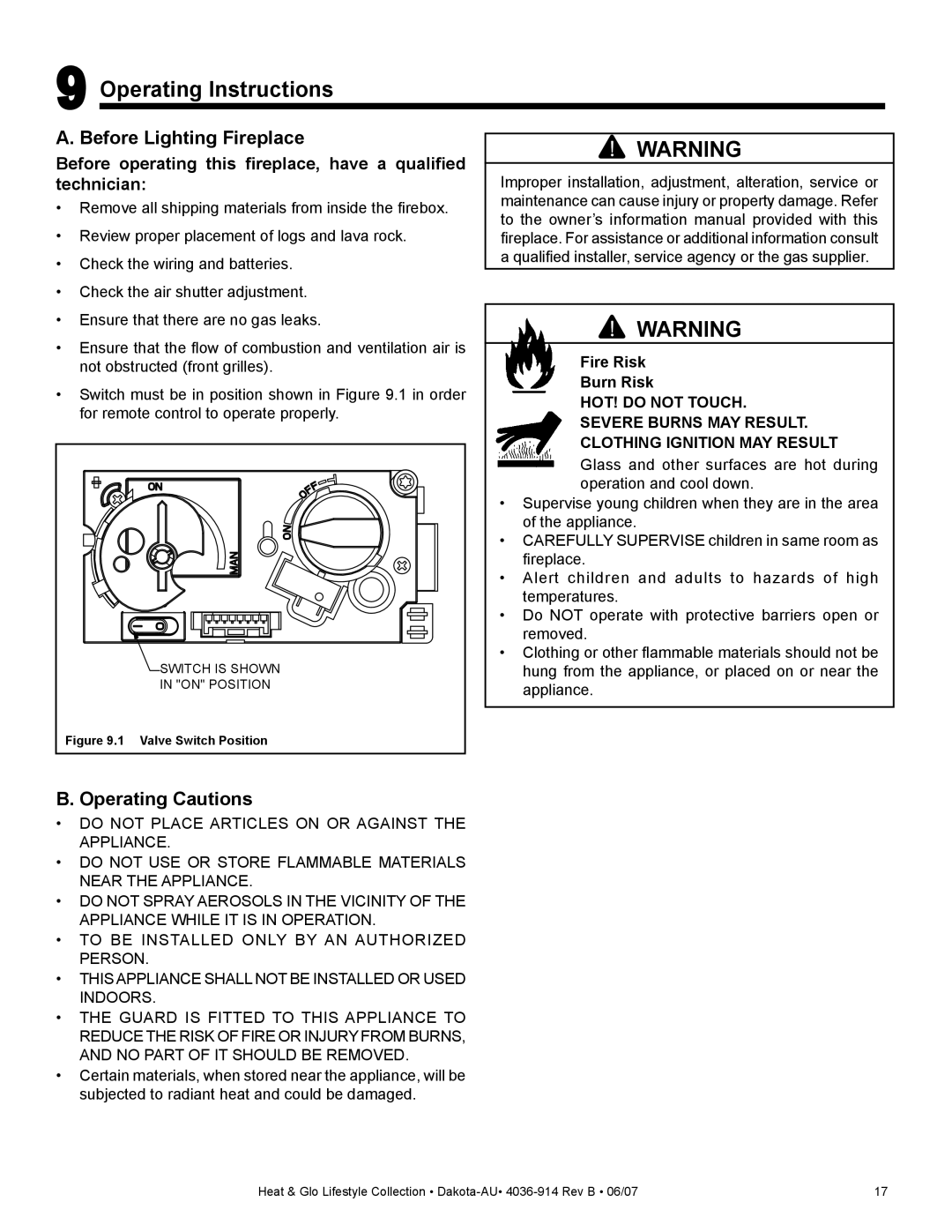 Heat & Glo LifeStyle DAKOTA-AU manual Operating Instructions, Before Lighting Fireplace, Operating Cautions 