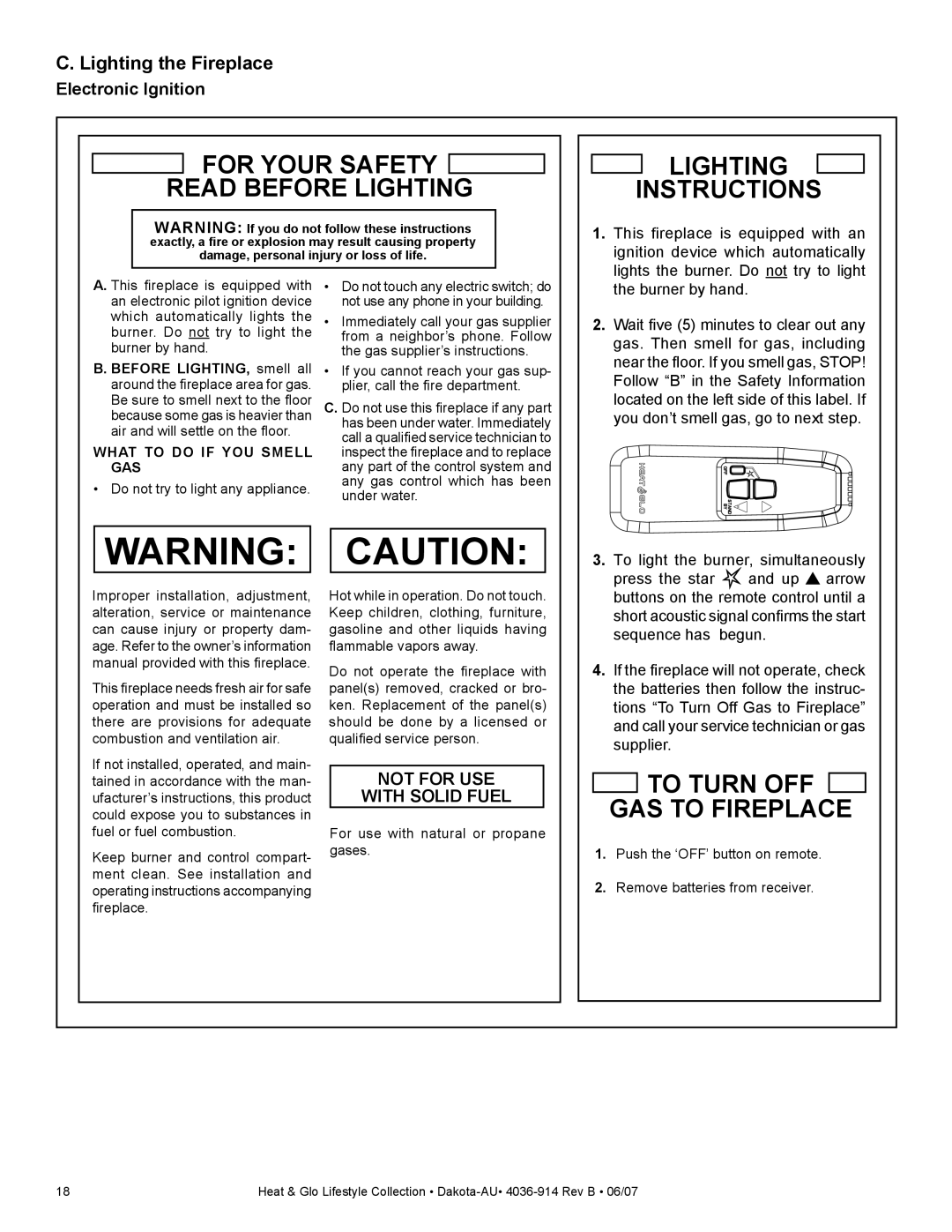 Heat & Glo LifeStyle DAKOTA-AU manual For Your Safety Read Before Lighting Lighting Instructions, Lighting the Fireplace 