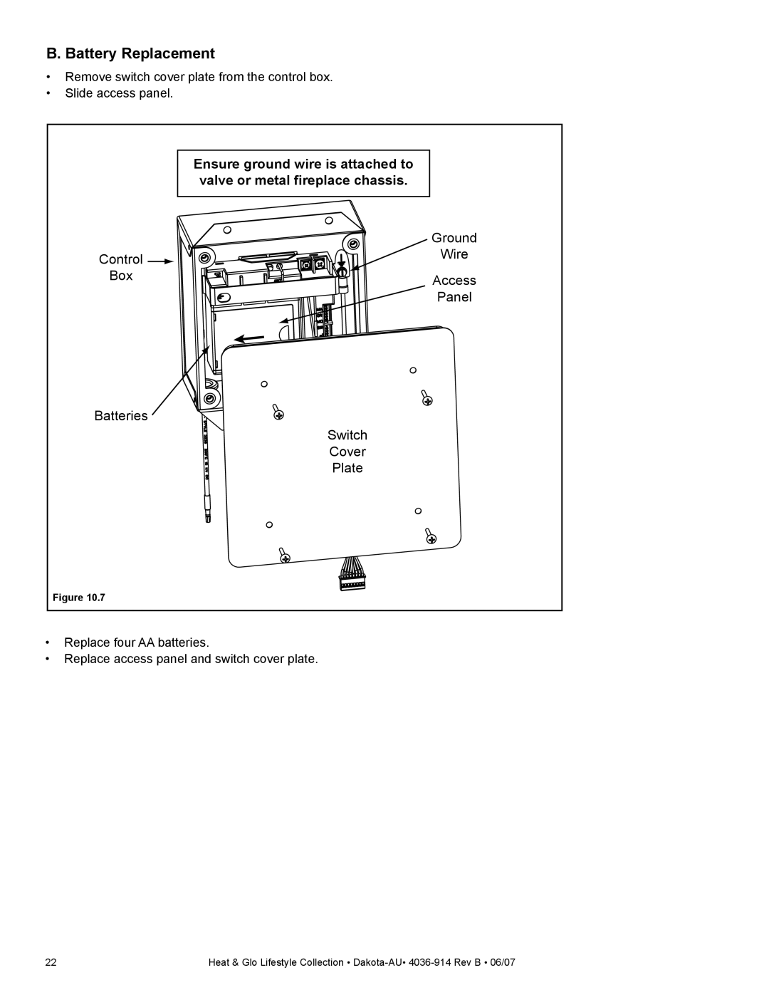 Heat & Glo LifeStyle DAKOTA-AU manual Battery Replacement, Ensure ground wire is attached to 