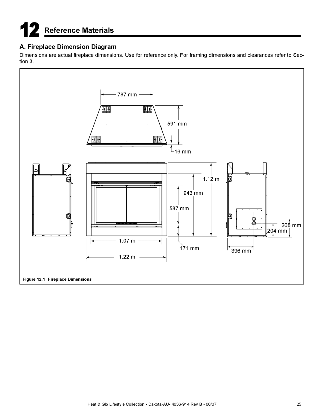 Heat & Glo LifeStyle DAKOTA-AU manual Reference Materials, Fireplace Dimension Diagram 