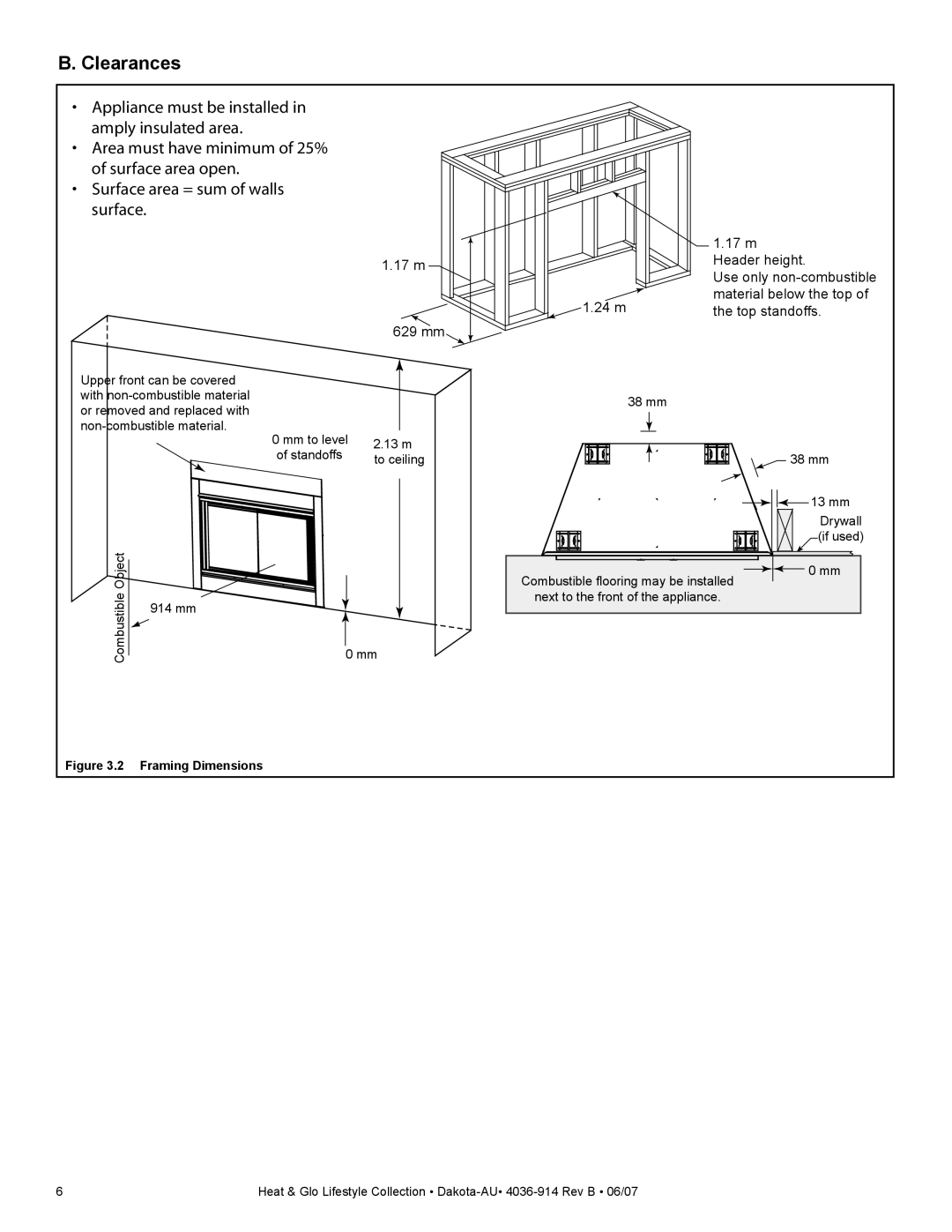 Heat & Glo LifeStyle DAKOTA-AU manual Clearances, m Material below the top Top standoffs 