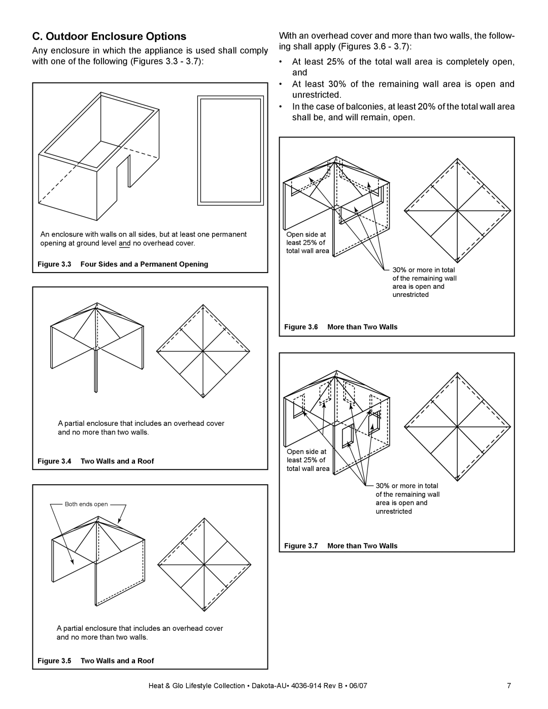 Heat & Glo LifeStyle DAKOTA-AU manual Outdoor Enclosure Options, Four Sides and a Permanent Opening 
