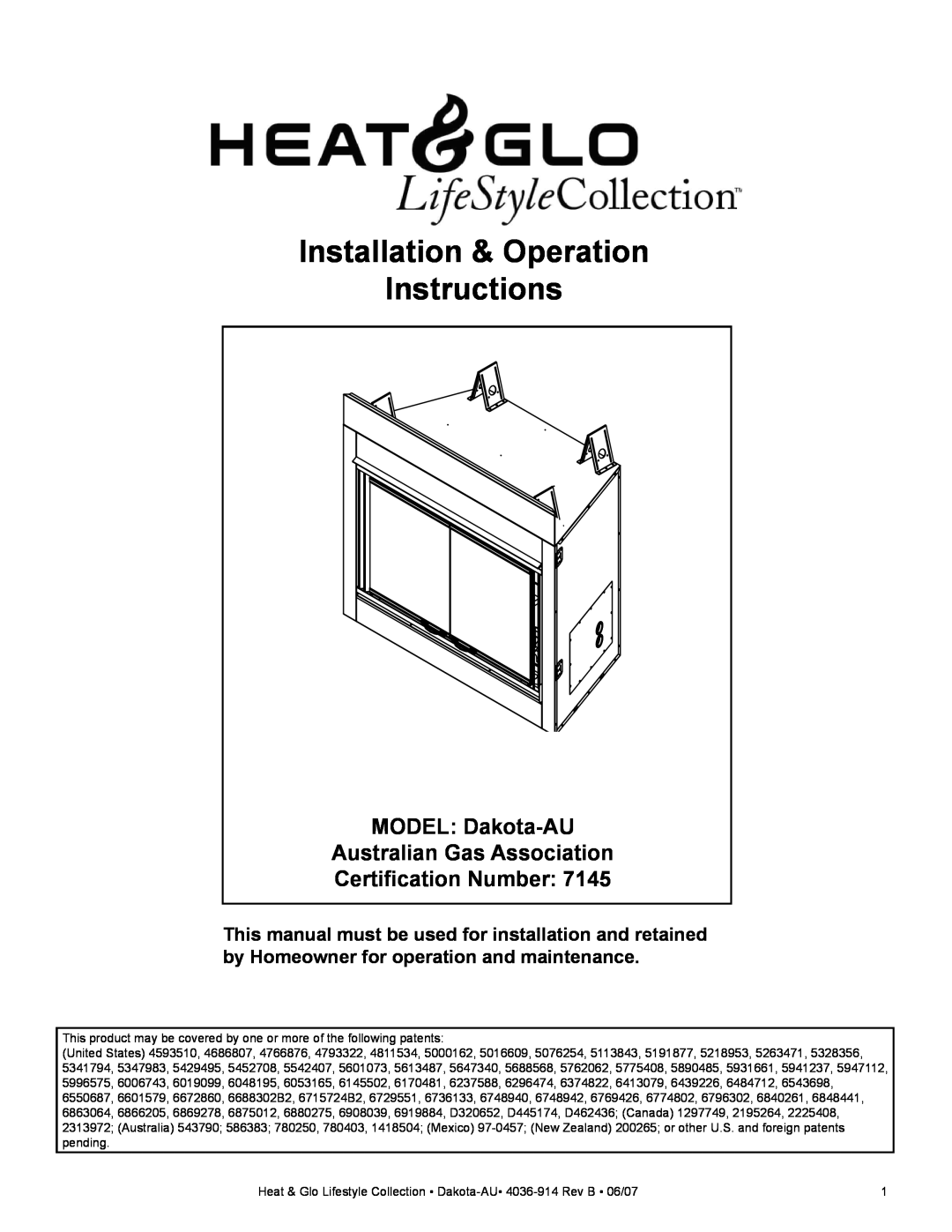 Heat & Glo LifeStyle DAKOTA-AU manual Installation & Operation Instructions, MODEL Dakota-AU, Australian Gas Association 