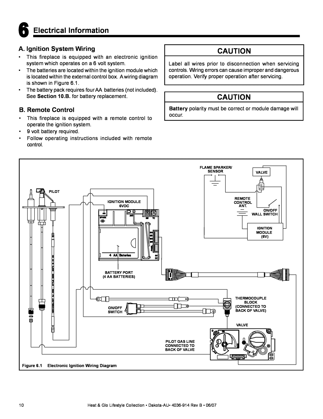 Heat & Glo LifeStyle DAKOTA-AU manual Electrical Information, A. Ignition System Wiring, B.Remote Control 