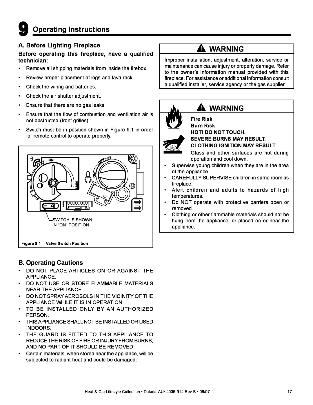 Heat & Glo LifeStyle DAKOTA-AU manual Operating Instructions, A. Before Lighting Fireplace, B. Operating Cautions 
