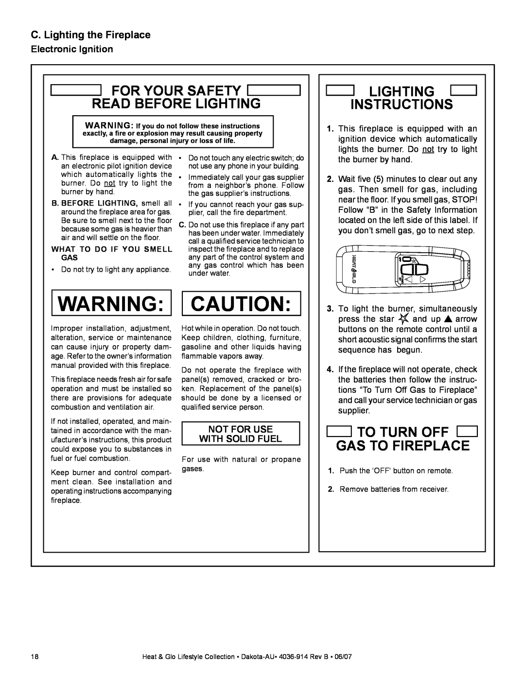 Heat & Glo LifeStyle DAKOTA-AU manual Warning Caution, For Your Safety Read Before Lighting, Lighting Instructions 