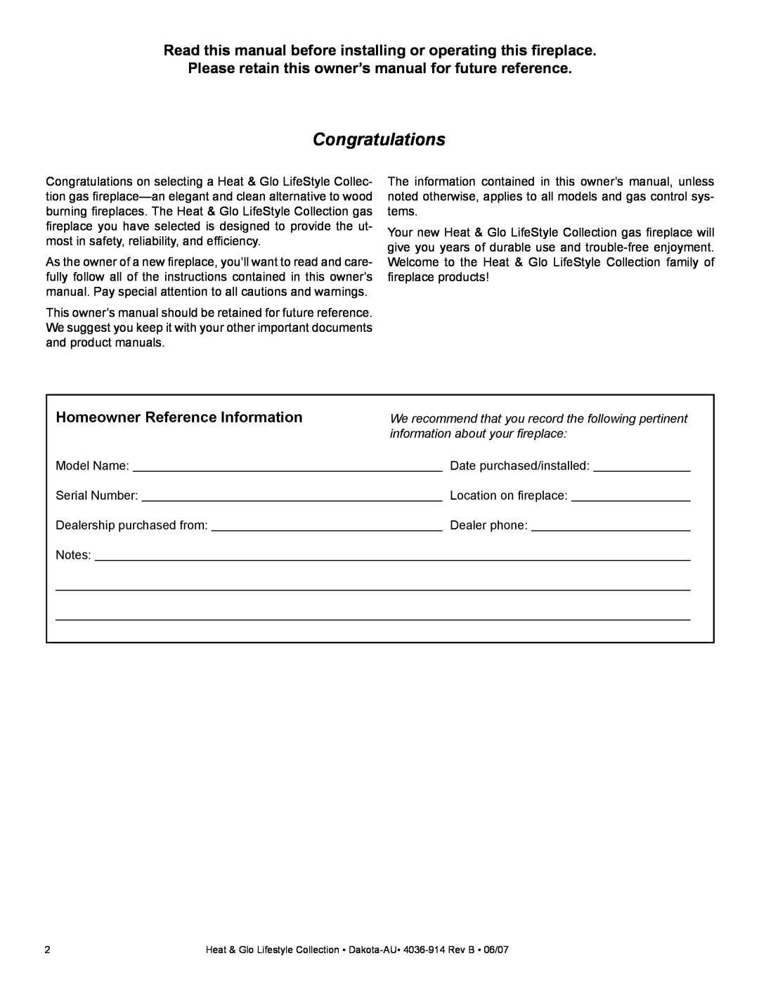 Heat & Glo LifeStyle DAKOTA-AU manual Congratulations, Homeowner Reference Information 