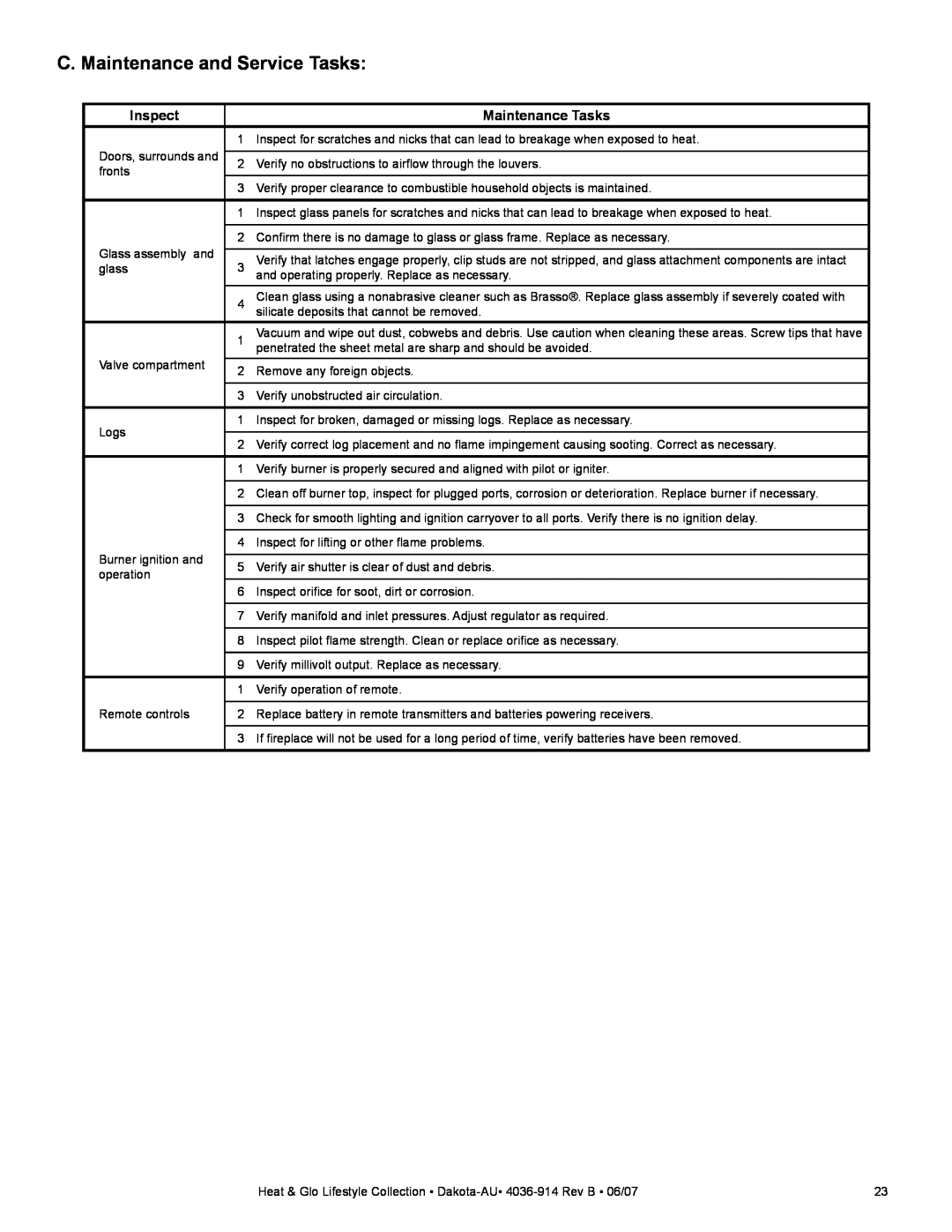 Heat & Glo LifeStyle DAKOTA-AU manual C. Maintenance and Service Tasks, Inspect, Maintenance Tasks 