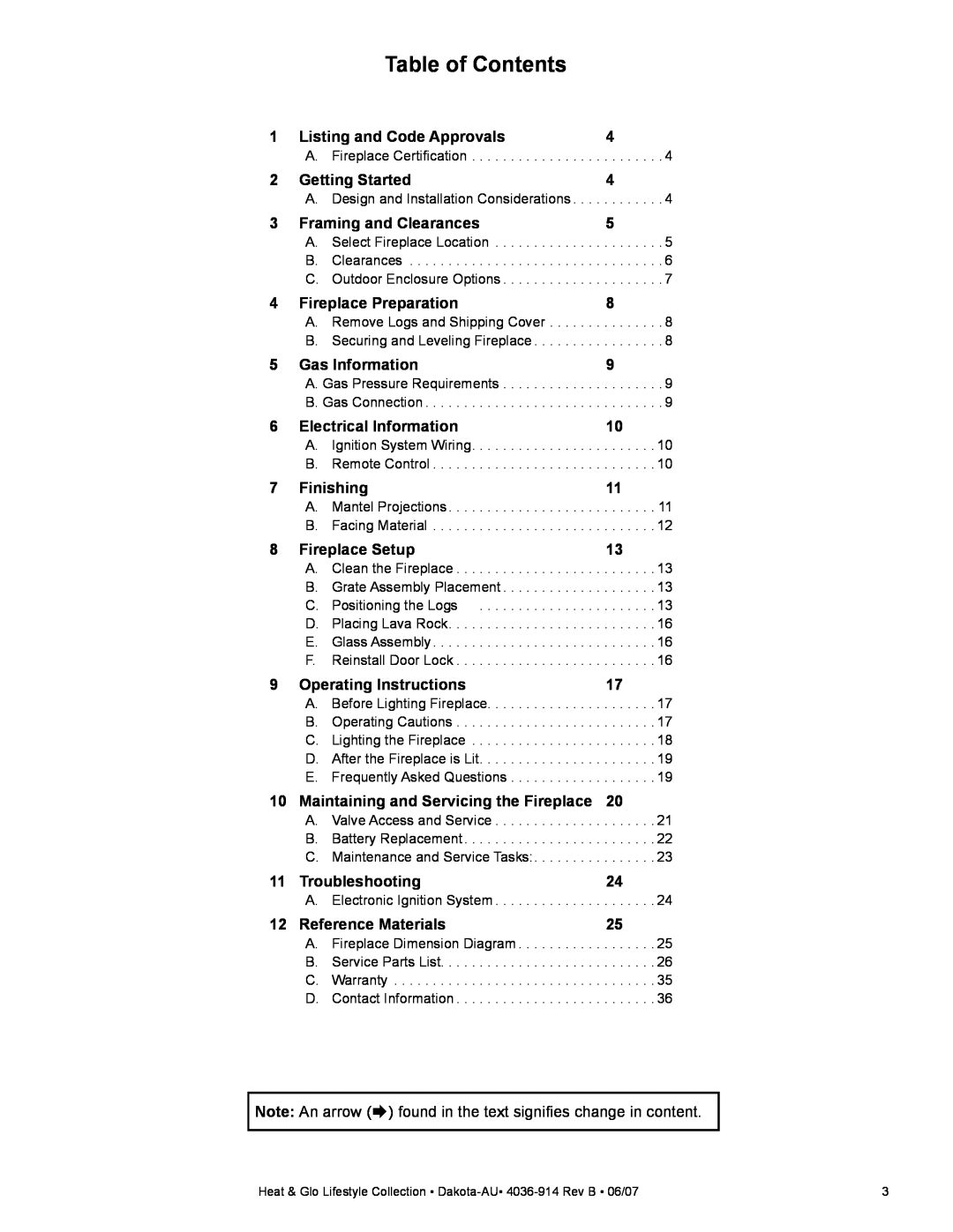 Heat & Glo LifeStyle DAKOTA-AU manual Table of Contents 
