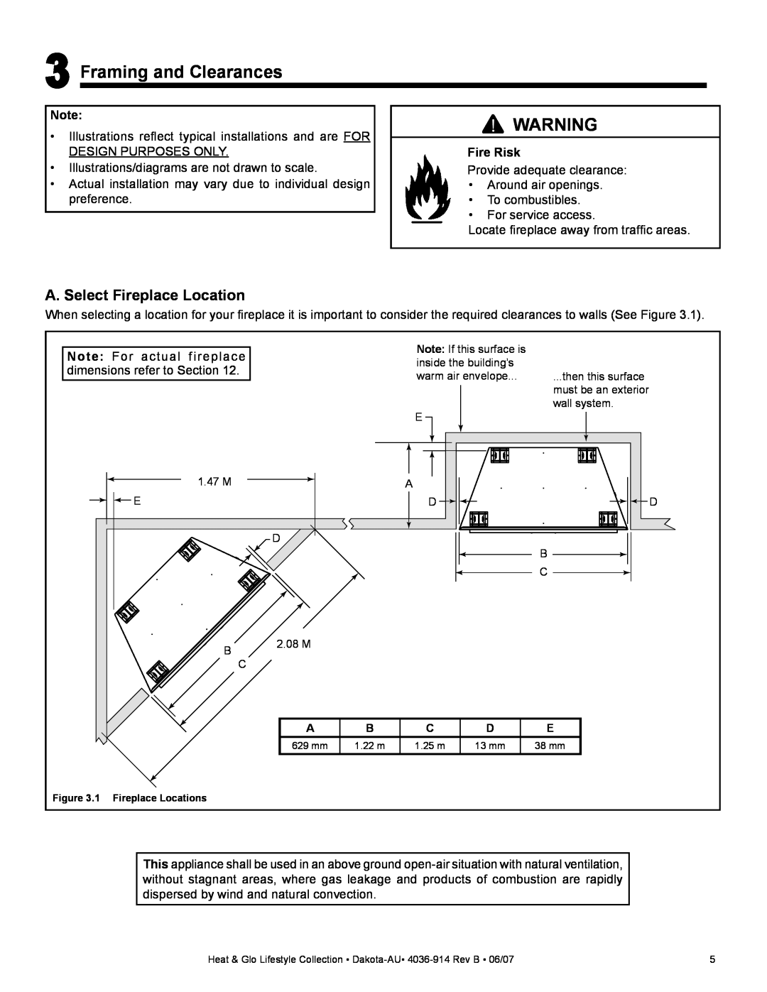 Heat & Glo LifeStyle DAKOTA-AU manual Framing and Clearances, A. Select Fireplace Location 