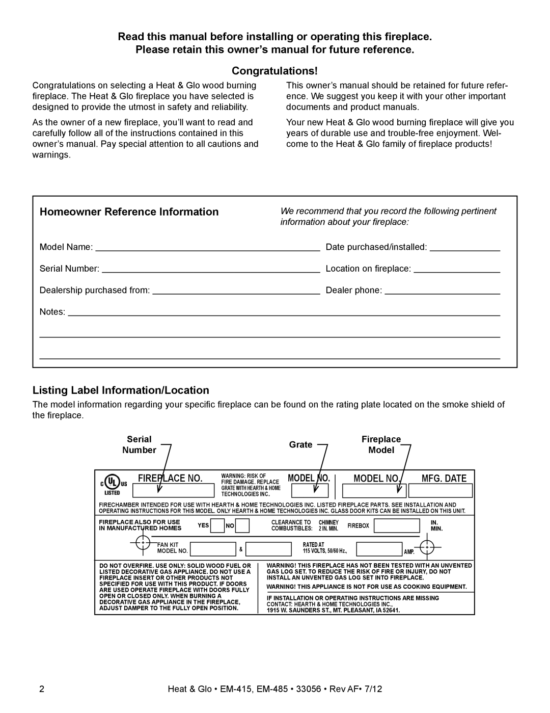 Heat & Glo LifeStyle EM-415 - 36, EM-485T - 42 owner manual Listing Label Information/Location, Grate, Number 