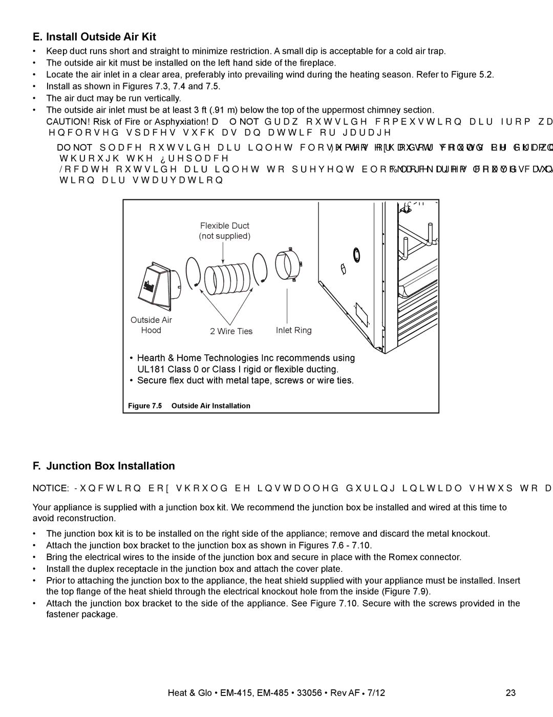 Heat & Glo LifeStyle EM-485T - 42, EM-415 - 36 owner manual Install Outside Air Kit, Junction Box Installation 