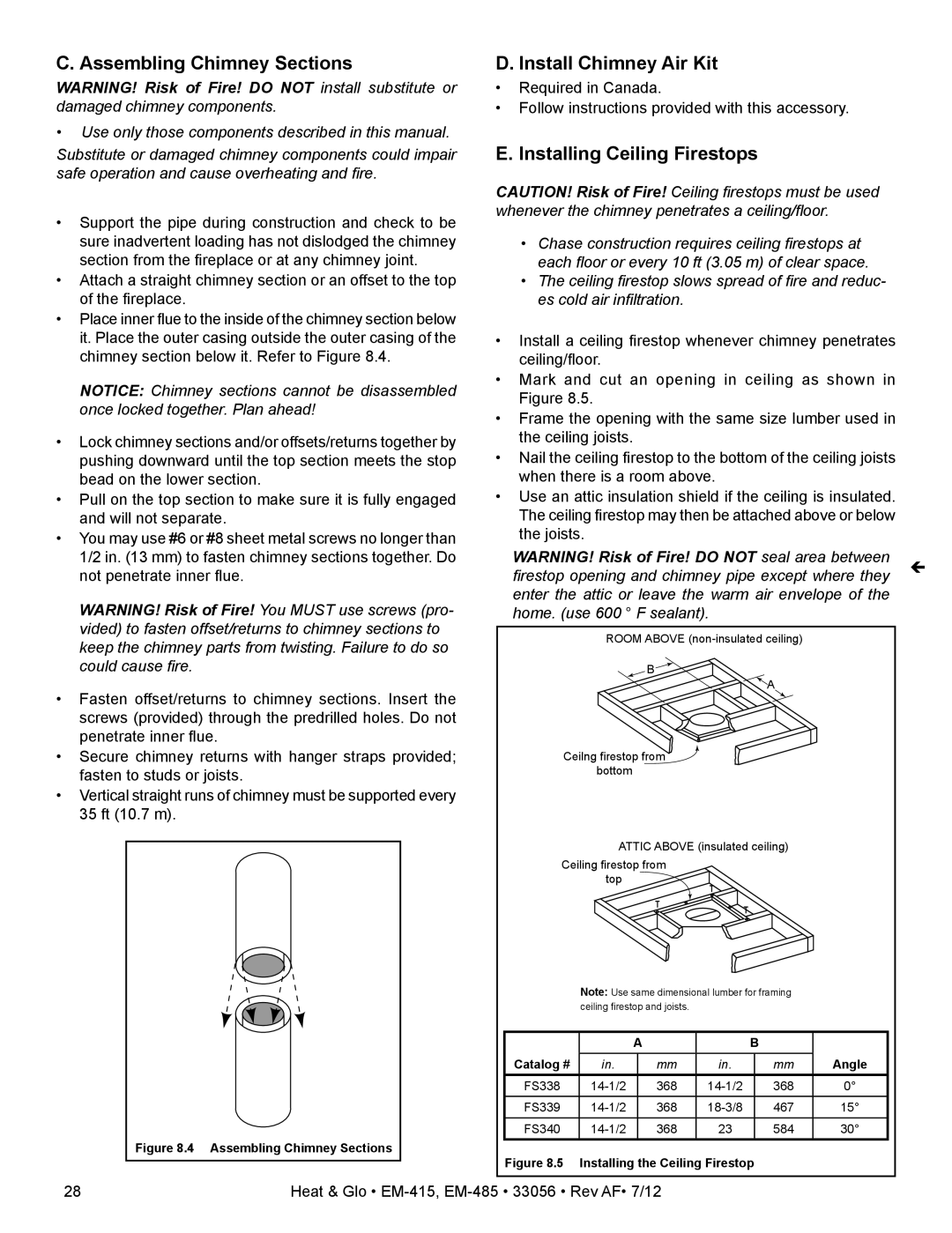 Heat & Glo LifeStyle EM-415 - 36 Assembling Chimney Sections, Install Chimney Air Kit, Installing Ceiling Firestops 