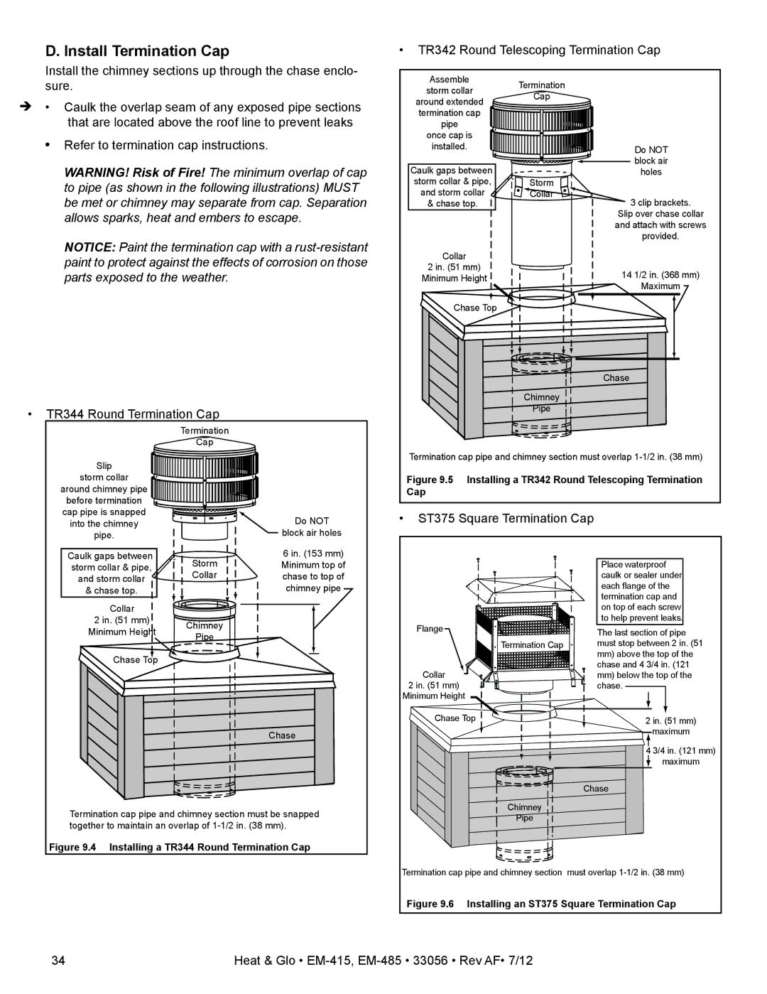 Heat & Glo LifeStyle EM-415 - 36, EM-485T - 42 owner manual Install Termination Cap, ST375 Square Termination Cap 