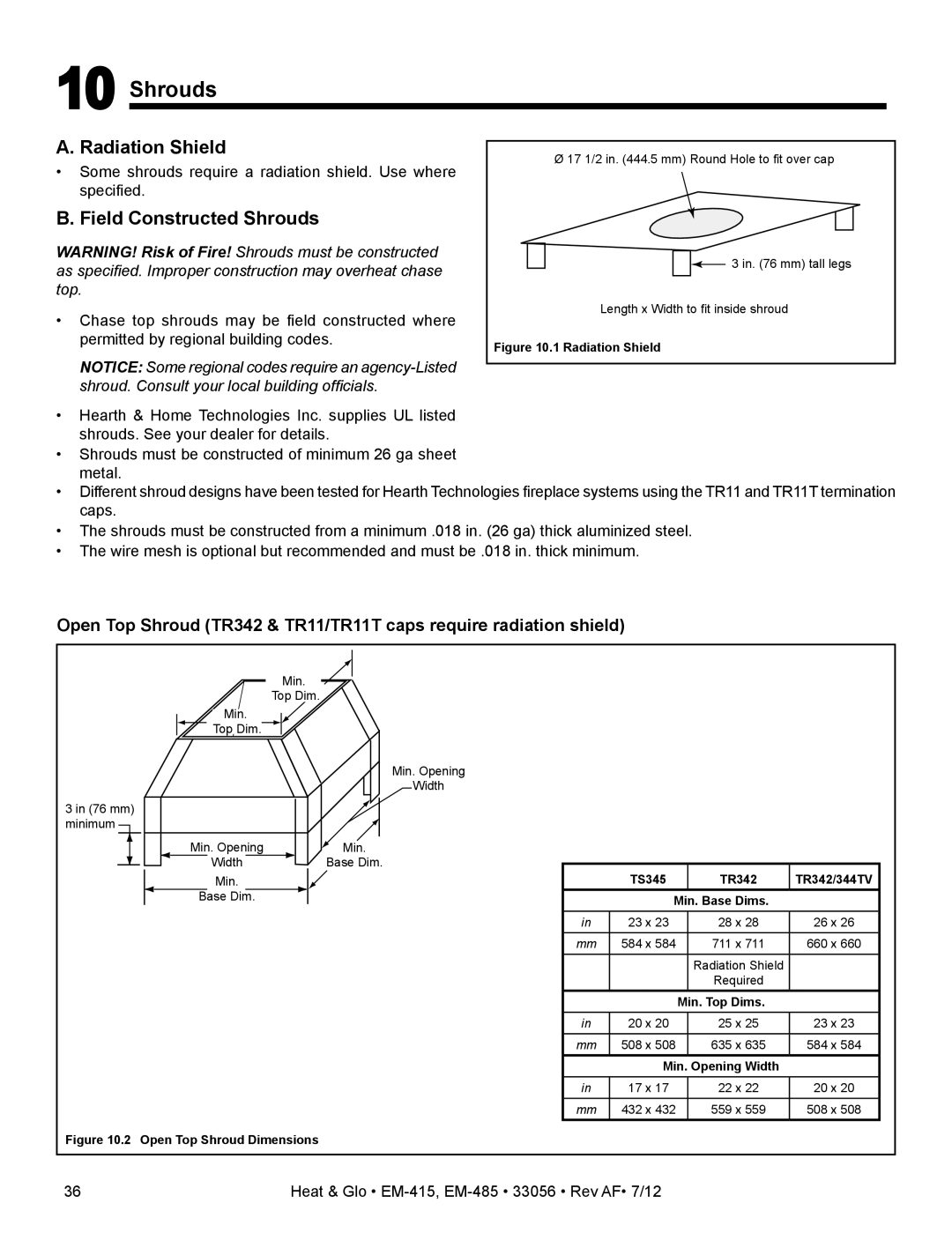 Heat & Glo LifeStyle EM-415 - 36, EM-485T - 42 owner manual Radiation Shield, Field Constructed Shrouds 