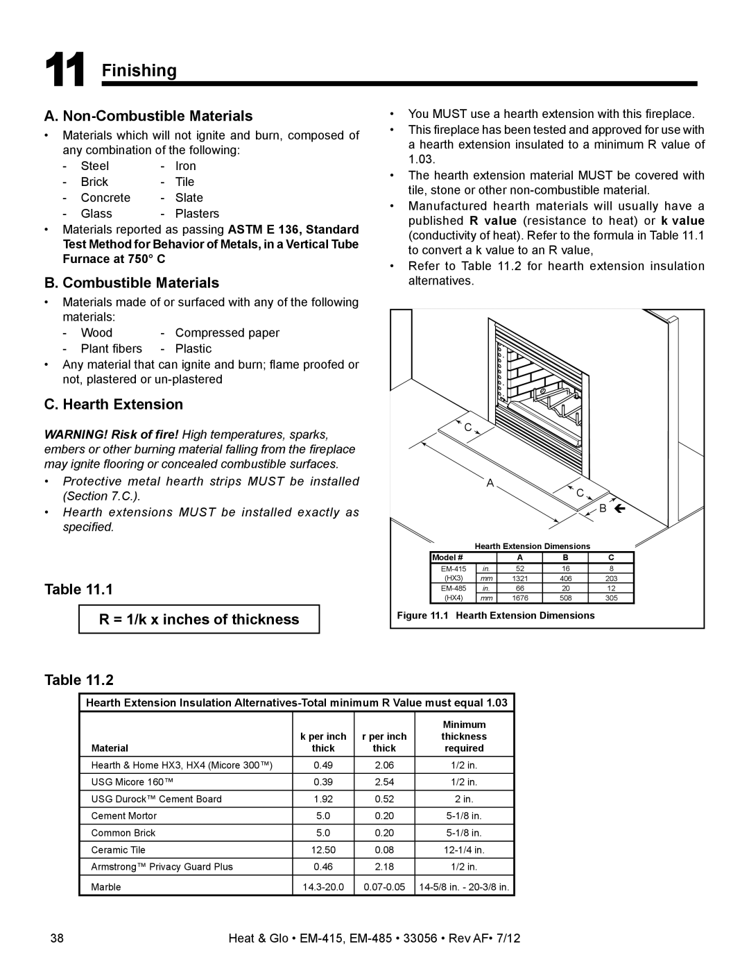 Heat & Glo LifeStyle EM-415 - 36, EM-485T - 42 owner manual Finishing, Hearth Extension, = 1/k x inches of thickness 