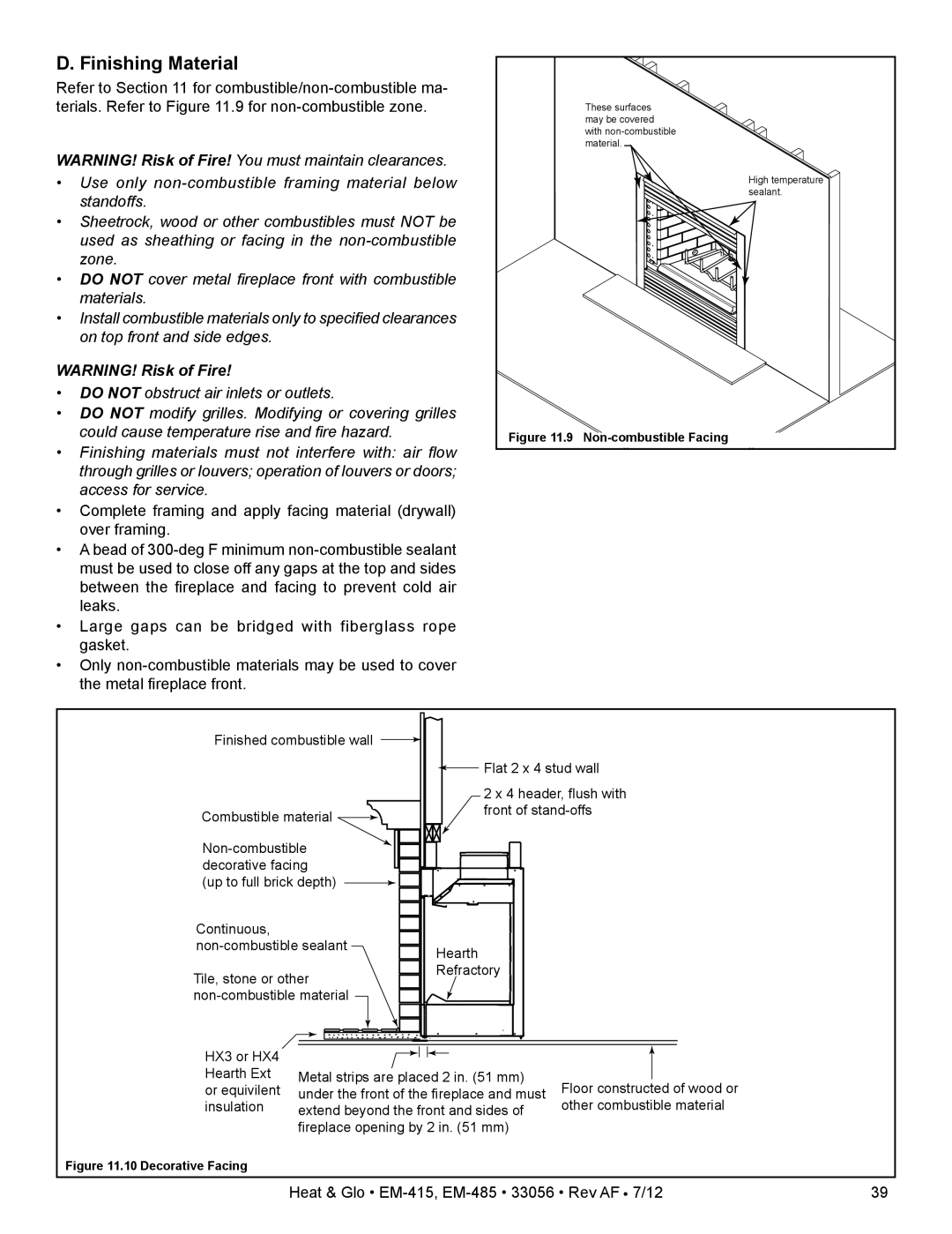 Heat & Glo LifeStyle EM-485T - 42, EM-415 - 36 owner manual Finishing Material, Non-combustible Facing 