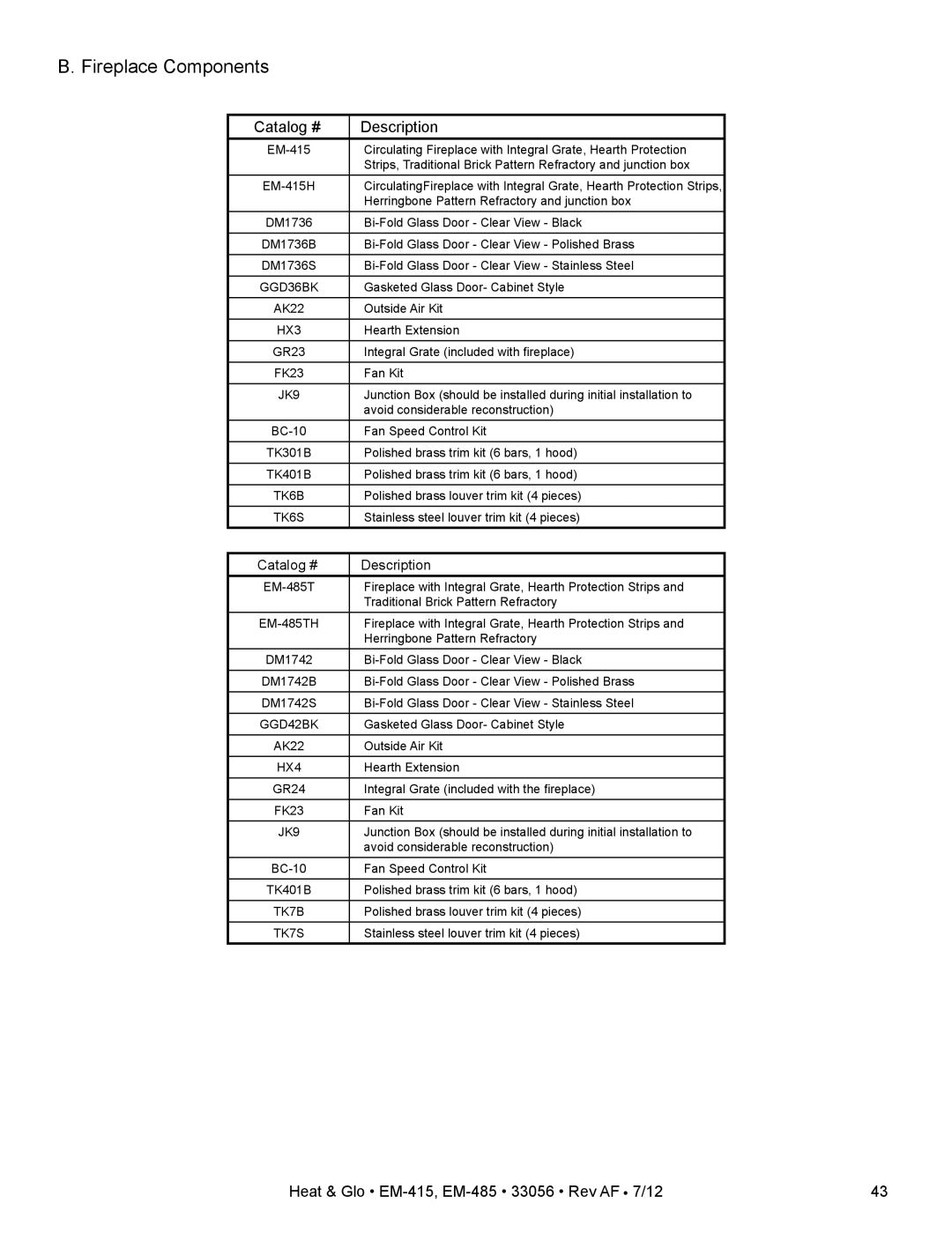 Heat & Glo LifeStyle EM-485T - 42, EM-415 - 36 owner manual Fireplace Components, Catalog # Description 