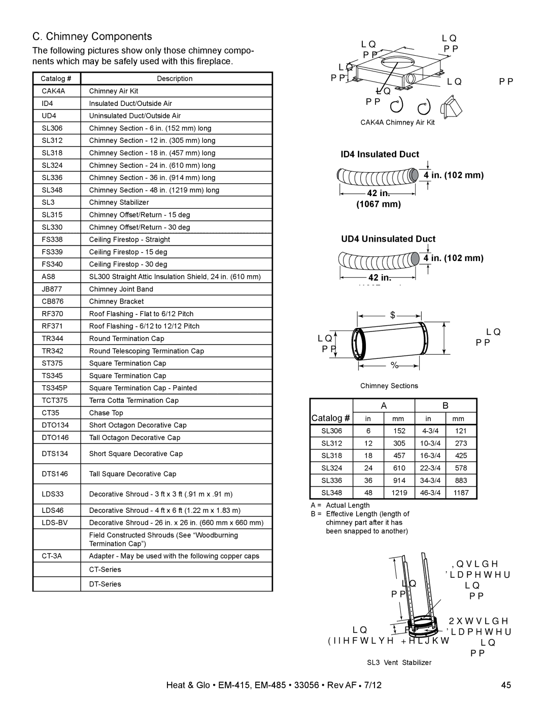 Heat & Glo LifeStyle EM-485T - 42, EM-415 - 36 owner manual Chimney Components, Catalog # 