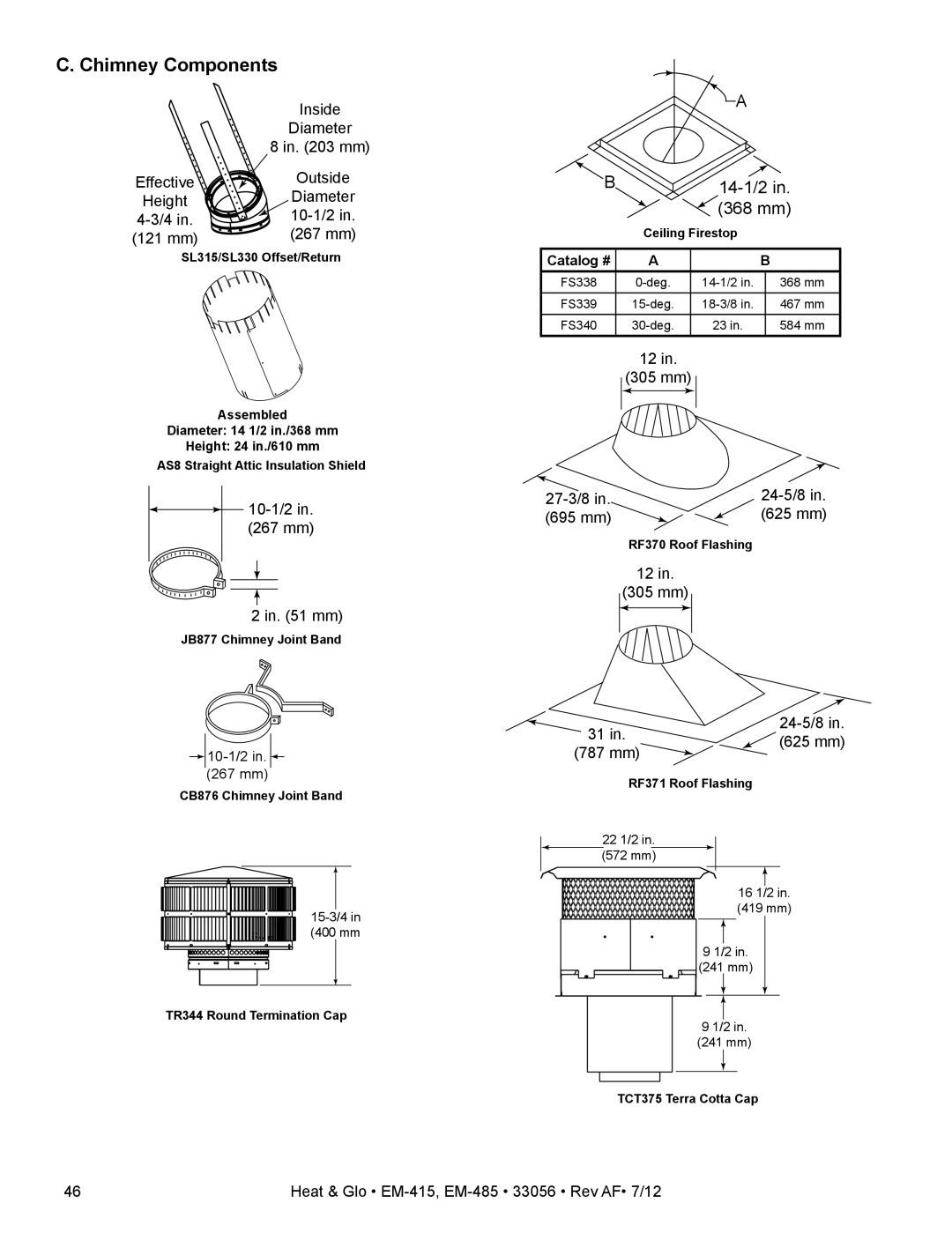 Heat & Glo LifeStyle EM-415 - 36, EM-485T - 42 Effective Outside Height Diameter 10-1/2 121 mm 267 mm, 10-1/2 267 mm 