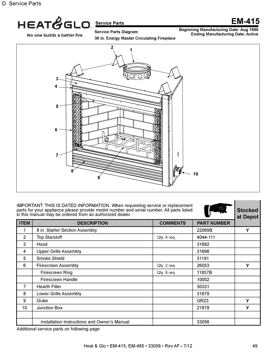 Heat & Glo LifeStyle EM-485T - 42 Stocked, At Depot, Service Parts, In. Starter Section Assembly 22069B Top Standoff 