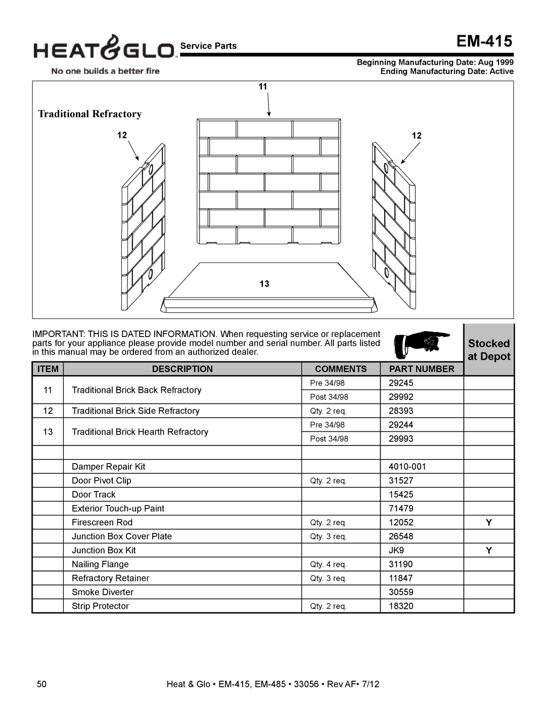 Heat & Glo LifeStyle EM-415 - 36 Traditional Brick Back Refractory, 29245, Traditional Brick Side Refractory, 29244 