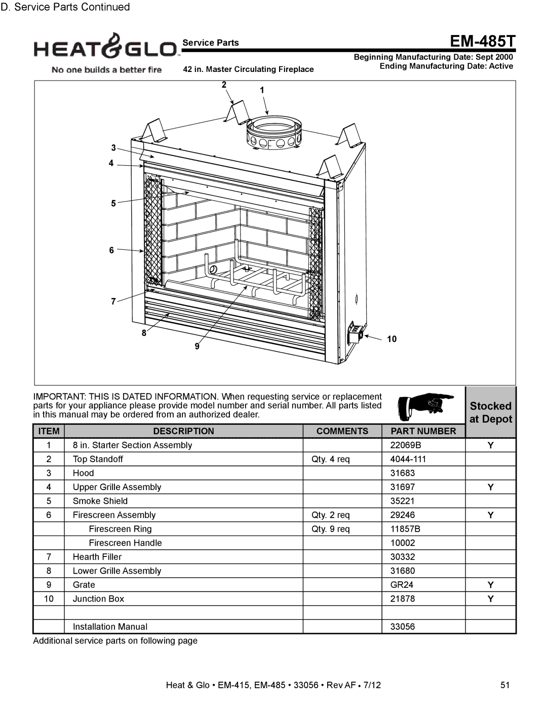 Heat & Glo LifeStyle EM-485T - 42, EM-415 - 36 owner manual 