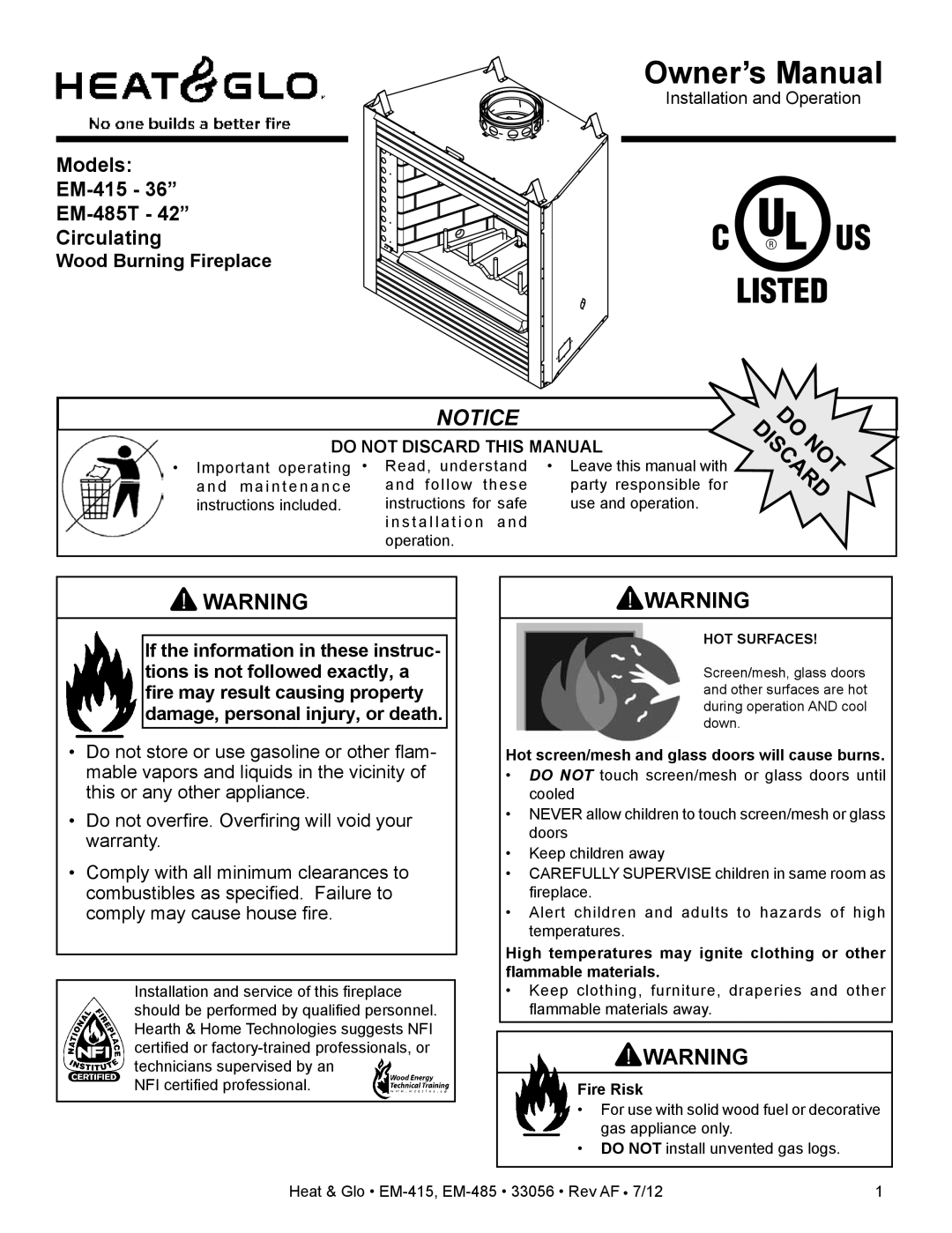 Heat & Glo LifeStyle EM-485T - 42, EM-415 - 36 owner manual Wood Burning Fireplace, Owner’s Manual, Notice 