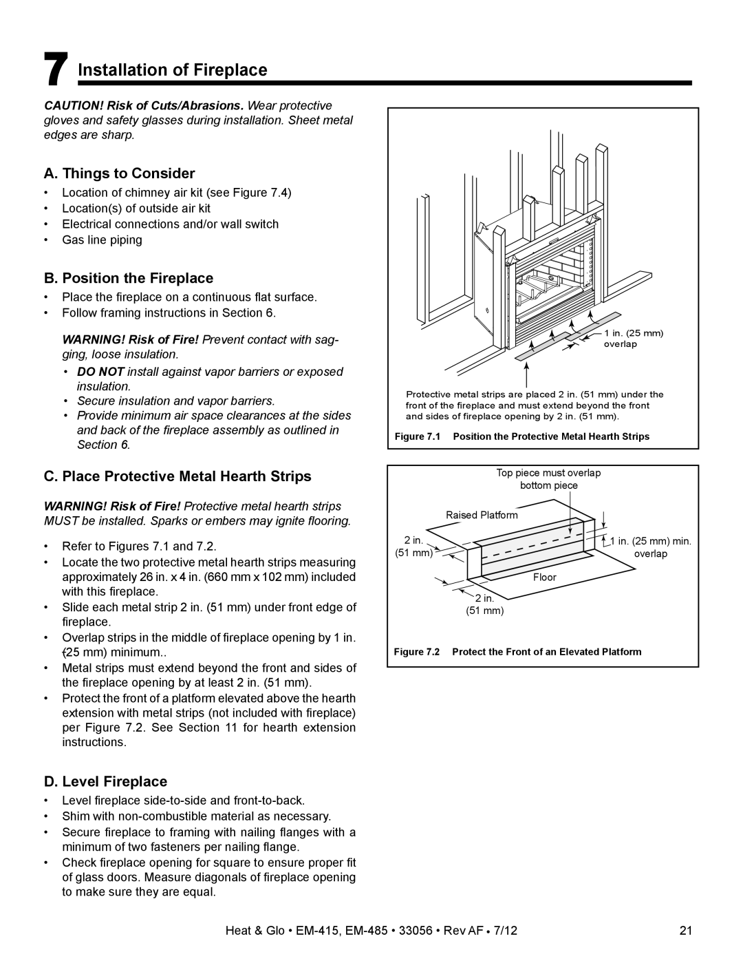 Heat & Glo LifeStyle EM-485T - 42 owner manual 7Installation of Fireplace, A. Things to Consider, B. Position the Fireplace 