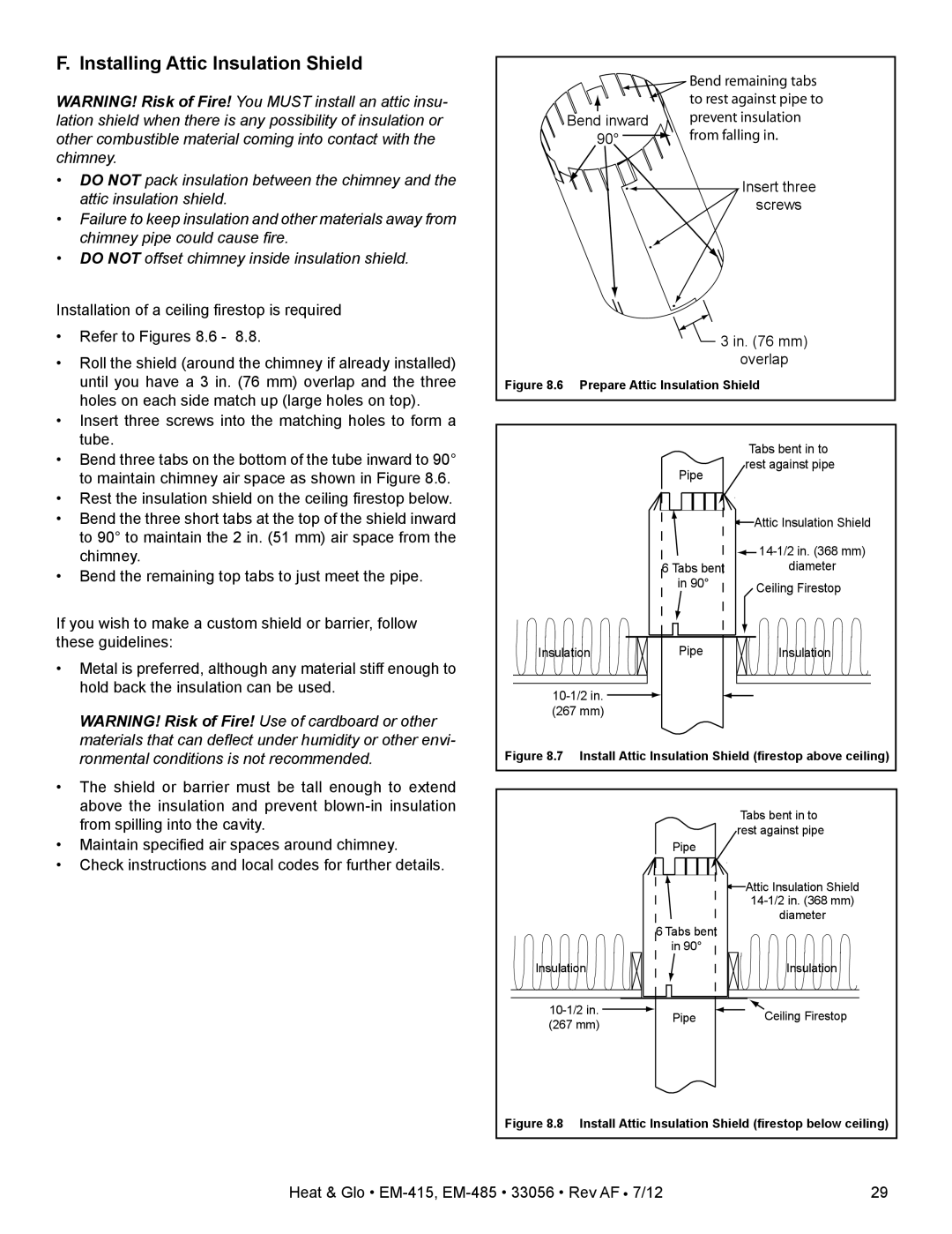 Heat & Glo LifeStyle EM-485T - 42, EM-415 - 36 owner manual F. Installing Attic Insulation Shield 