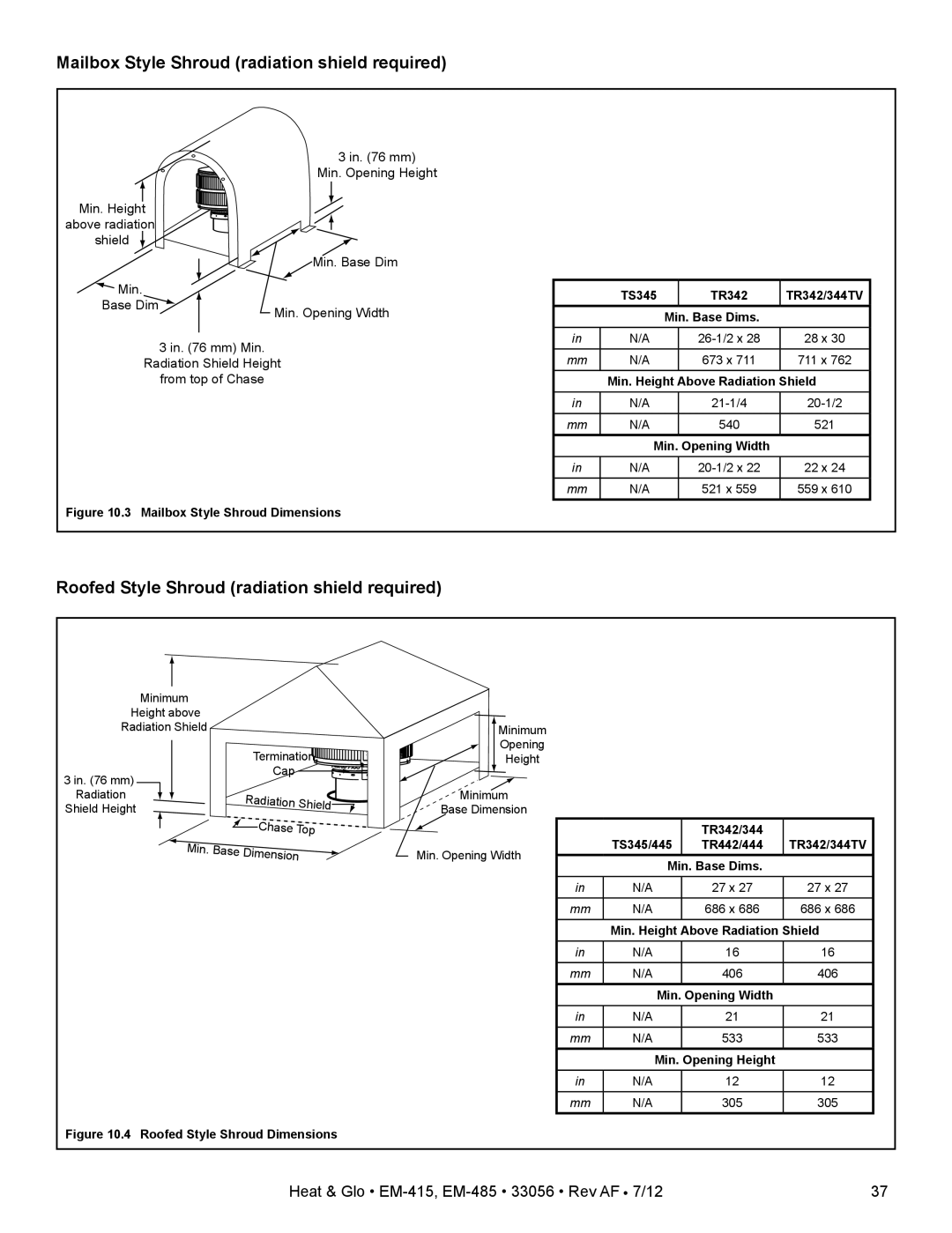 Heat & Glo LifeStyle EM-485T - 42, EM-415 - 36 owner manual Mailbox Style Shroud radiation shield required 