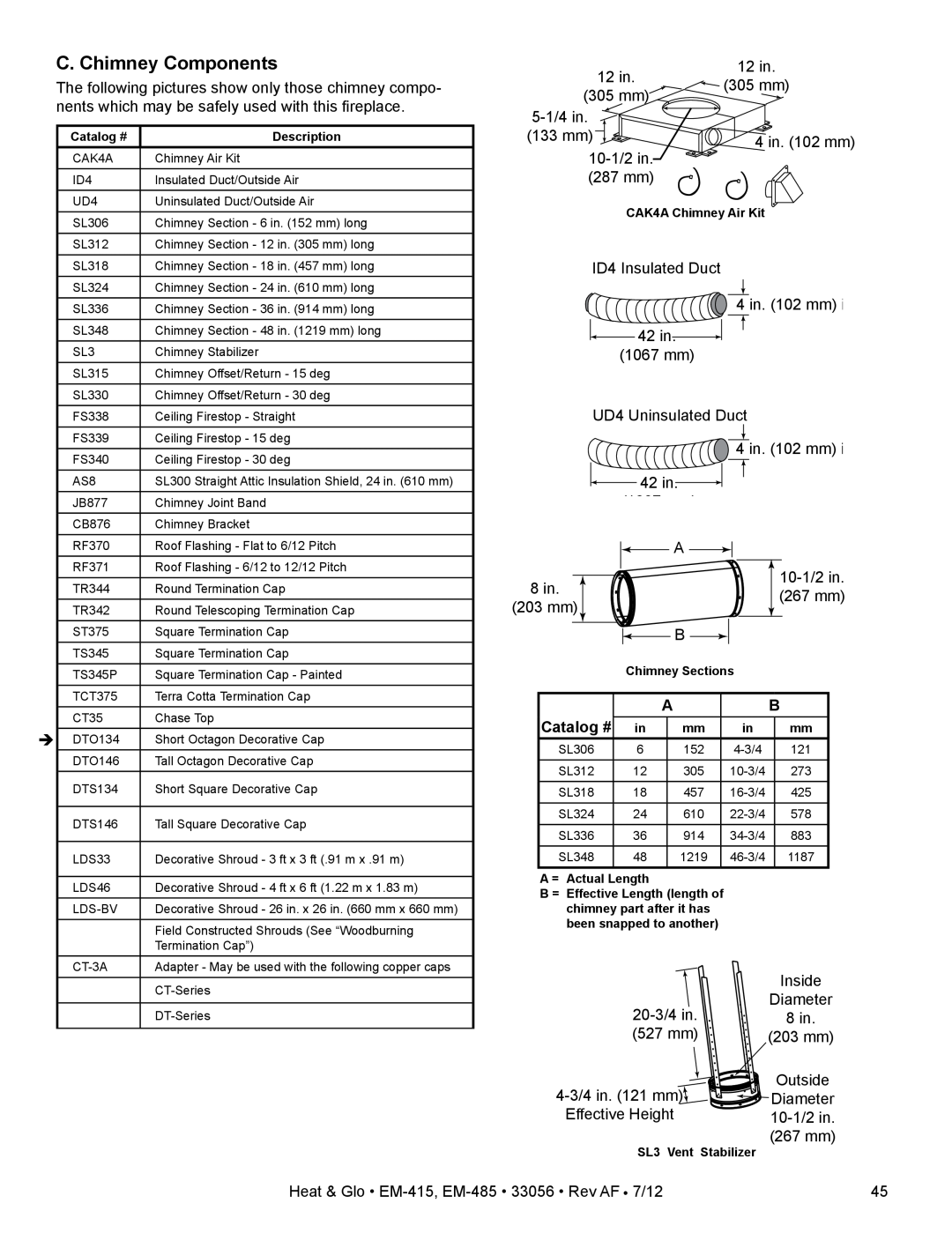 Heat & Glo LifeStyle EM-485T - 42, EM-415 - 36 owner manual C. Chimney Components, Catalog # 