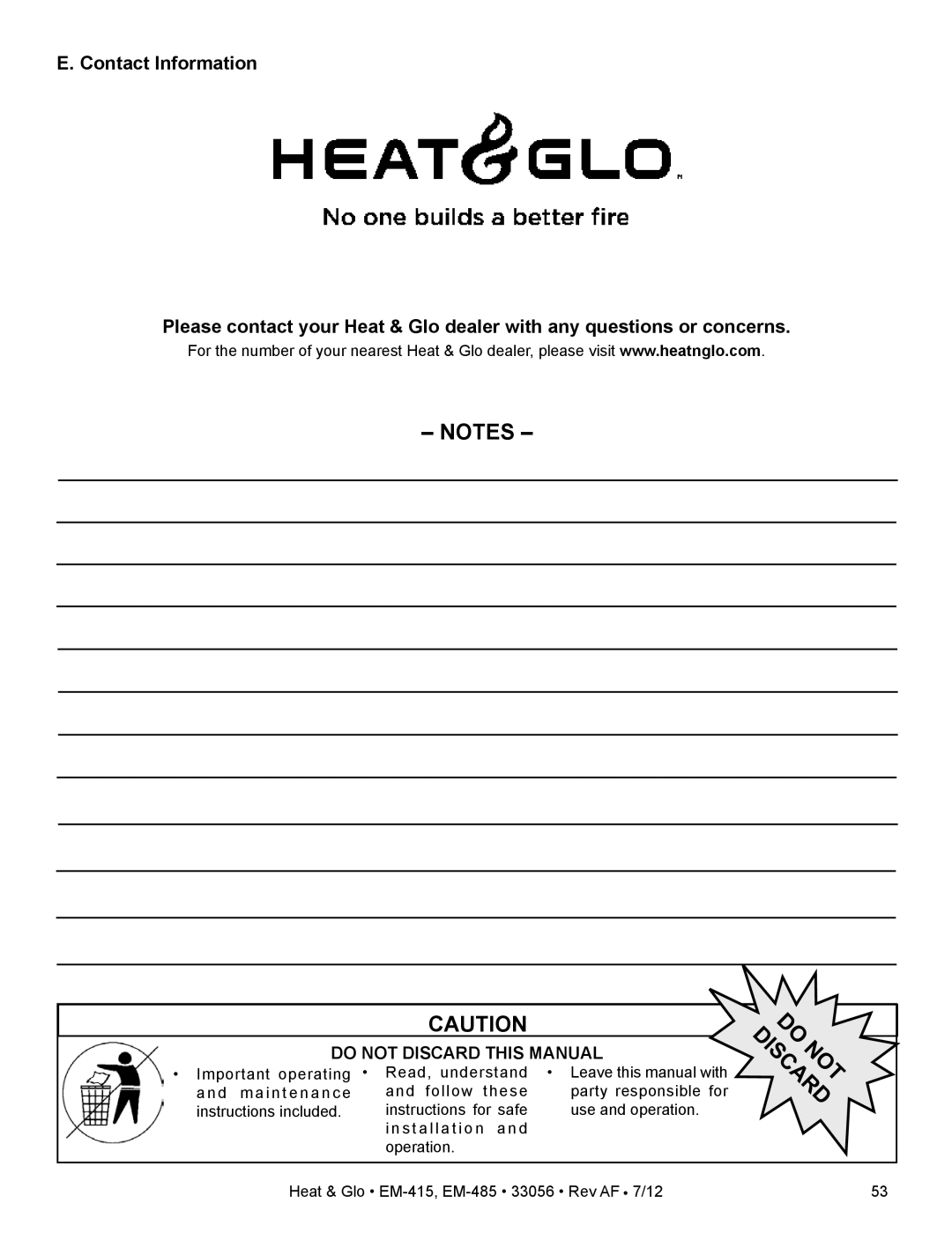 Heat & Glo LifeStyle EM-485T - 42, EM-415 - 36 Notes, E. Contact Information, Do Not Discard This Manual, Do Discardnot 