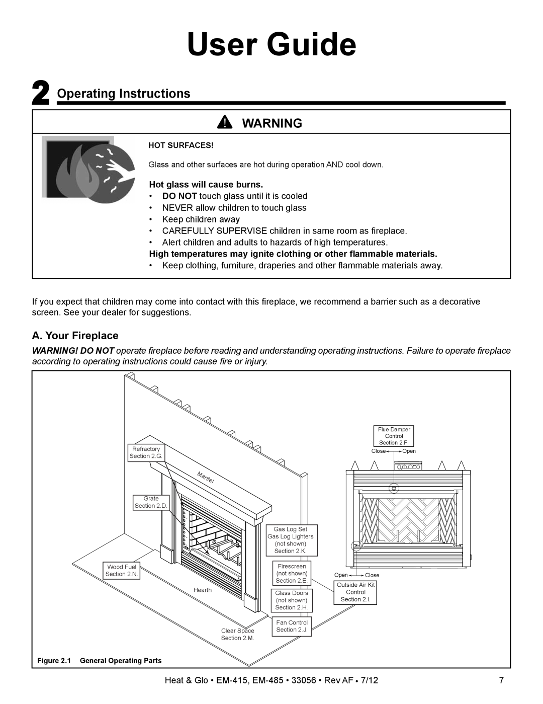 Heat & Glo LifeStyle EM-485T - 42 User Guide, 2Operating Instructions, A. Your Fireplace, Hot glass will cause burns 