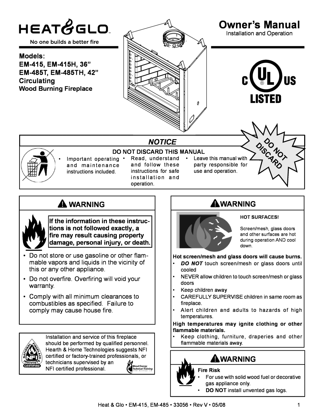 Heat & Glo LifeStyle owner manual Wood Burning Fireplace, Models EM-415, EM-415H,36” EM-485T, EM-485TH,42”, Circulating 