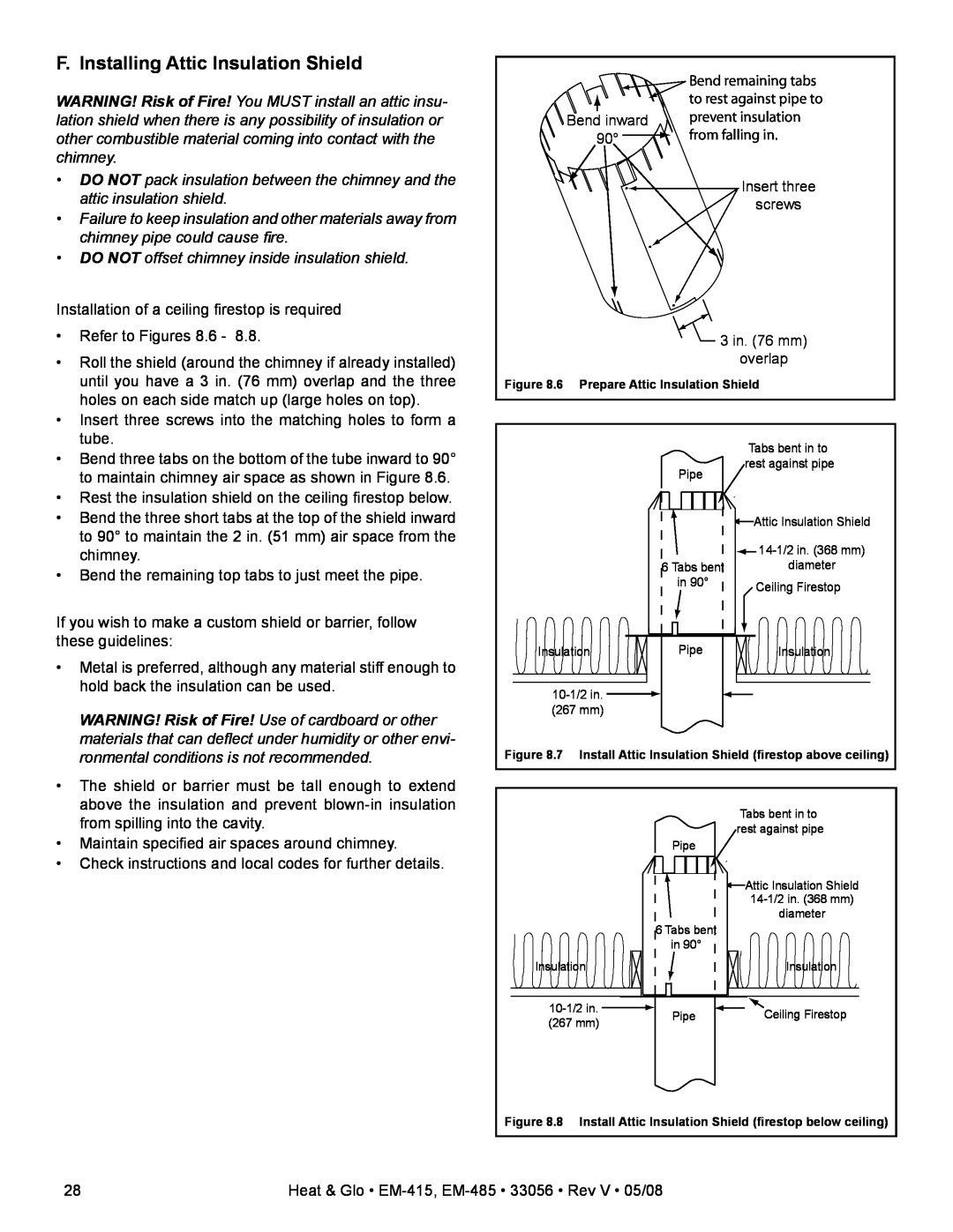 Heat & Glo LifeStyle EM-485TH, EM-415H owner manual F. Installing Attic Insulation Shield 