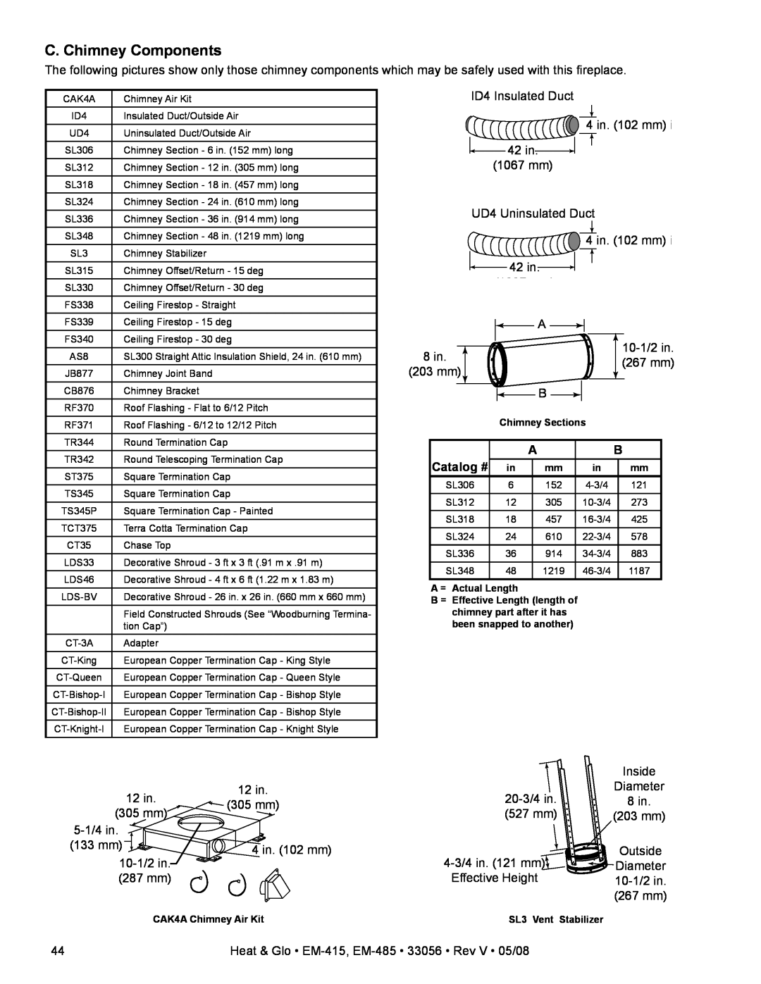 Heat & Glo LifeStyle EM-485TH, EM-415H owner manual C. Chimney Components, Catalog # 