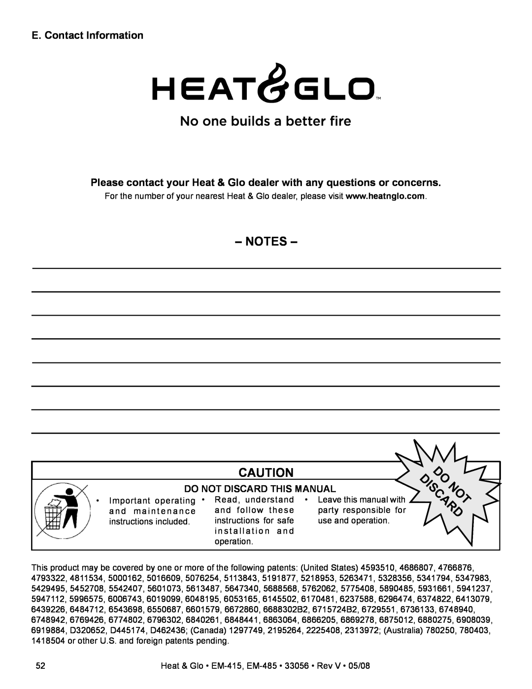 Heat & Glo LifeStyle EM-485TH, EM-415H owner manual E. Contact Information, Do Not Discard This Manual, Do Discardnot 