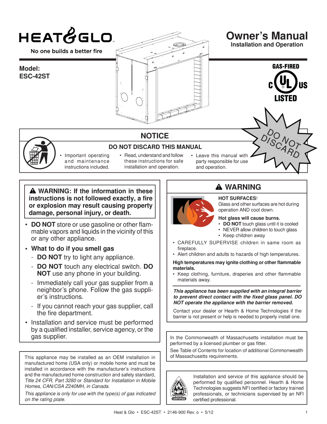 Heat & Glo LifeStyle owner manual Model ESC-42ST, What to do if you smell gas, Do Discardnot 