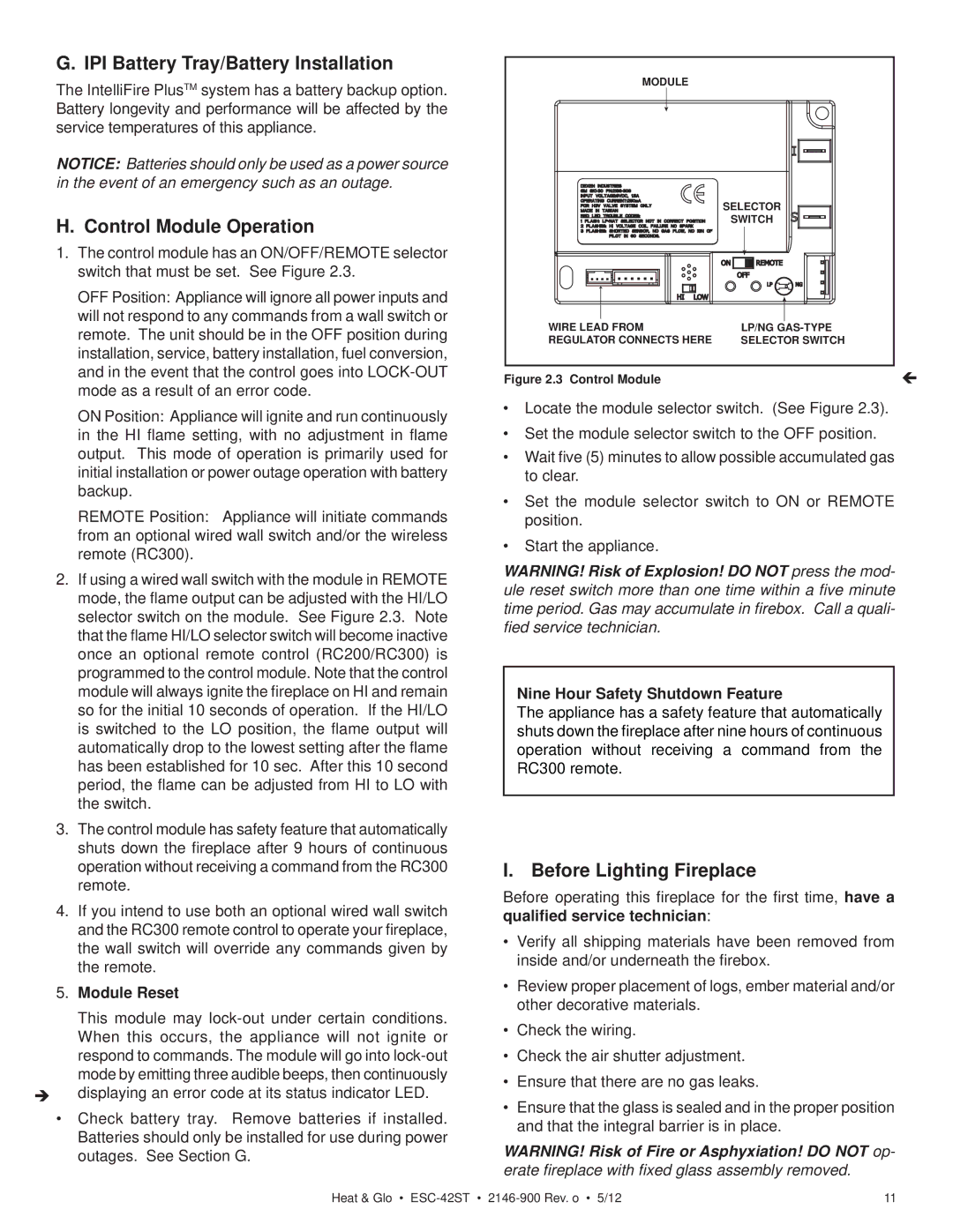 Heat & Glo LifeStyle ESC-42ST IPI Battery Tray/Battery Installation, Control Module Operation, Before Lighting Fireplace 