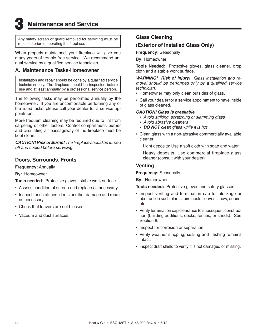 Heat & Glo LifeStyle ESC-42ST Maintenance and Service, Maintenance Tasks-Homeowner, Doors, Surrounds, Fronts, Venting 