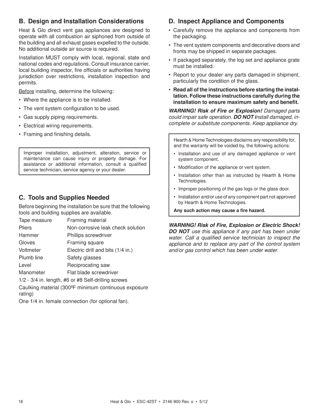 Heat & Glo LifeStyle ESC-42ST owner manual Design and Installation Considerations, Tools and Supplies Needed 