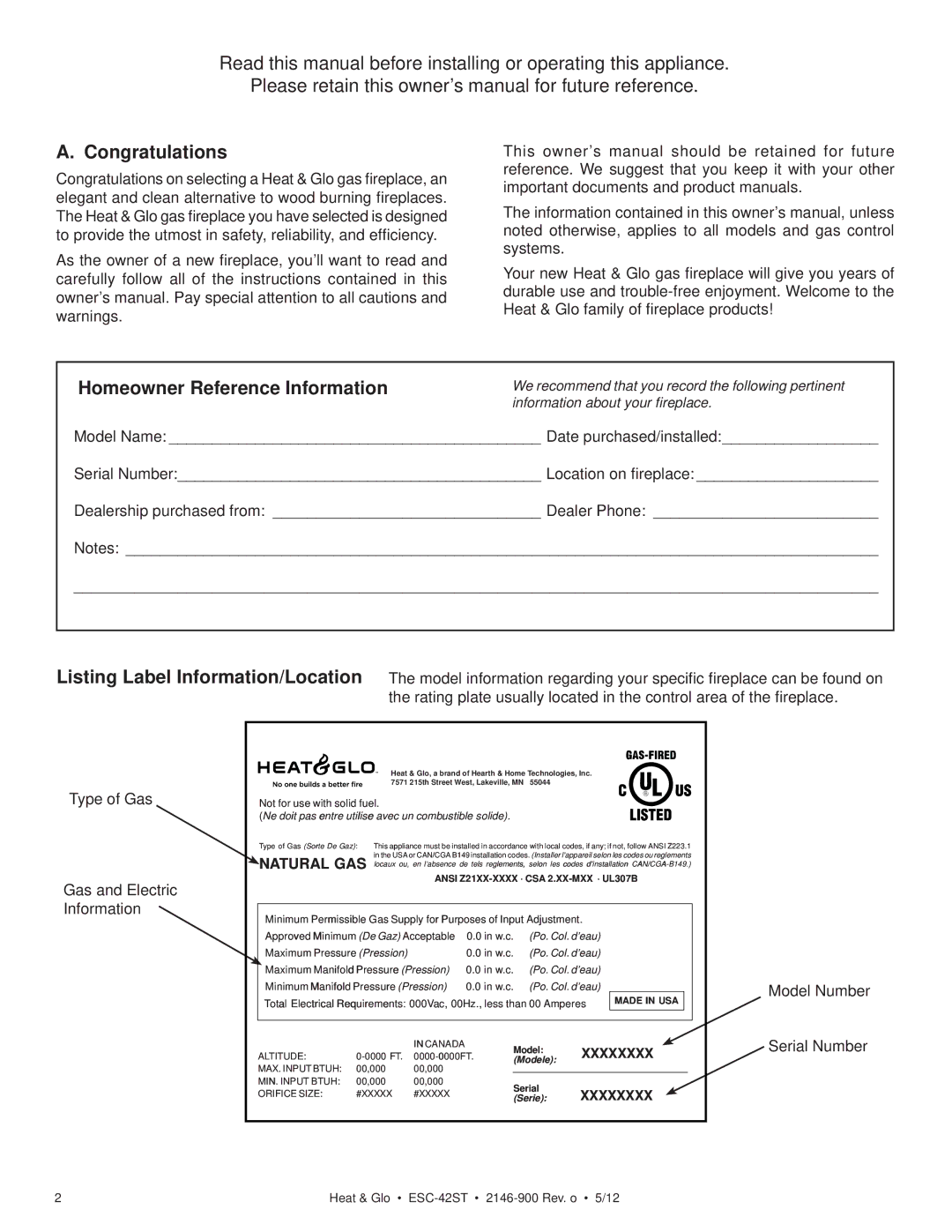 Heat & Glo LifeStyle ESC-42ST owner manual Congratulations, Homeowner Reference Information 