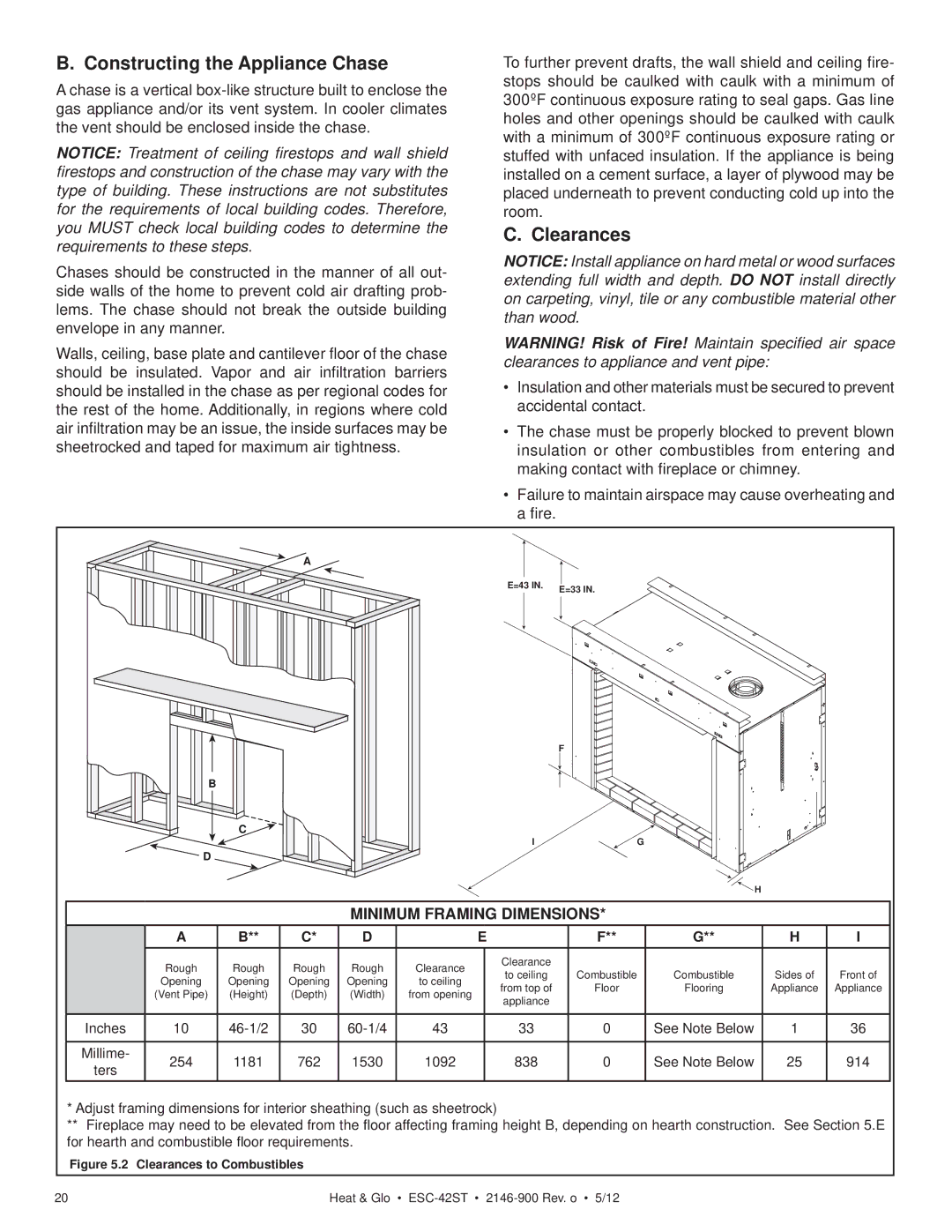 Heat & Glo LifeStyle ESC-42ST owner manual Constructing the Appliance Chase, Clearances, Minimum Framing Dimensions 