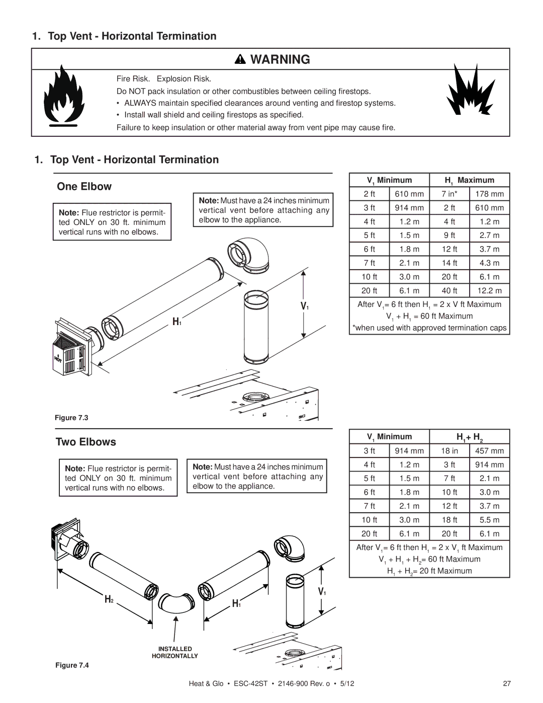 Heat & Glo LifeStyle ESC-42ST owner manual Top Vent Horizontal Termination One Elbow, Two Elbows, H1+ H2 